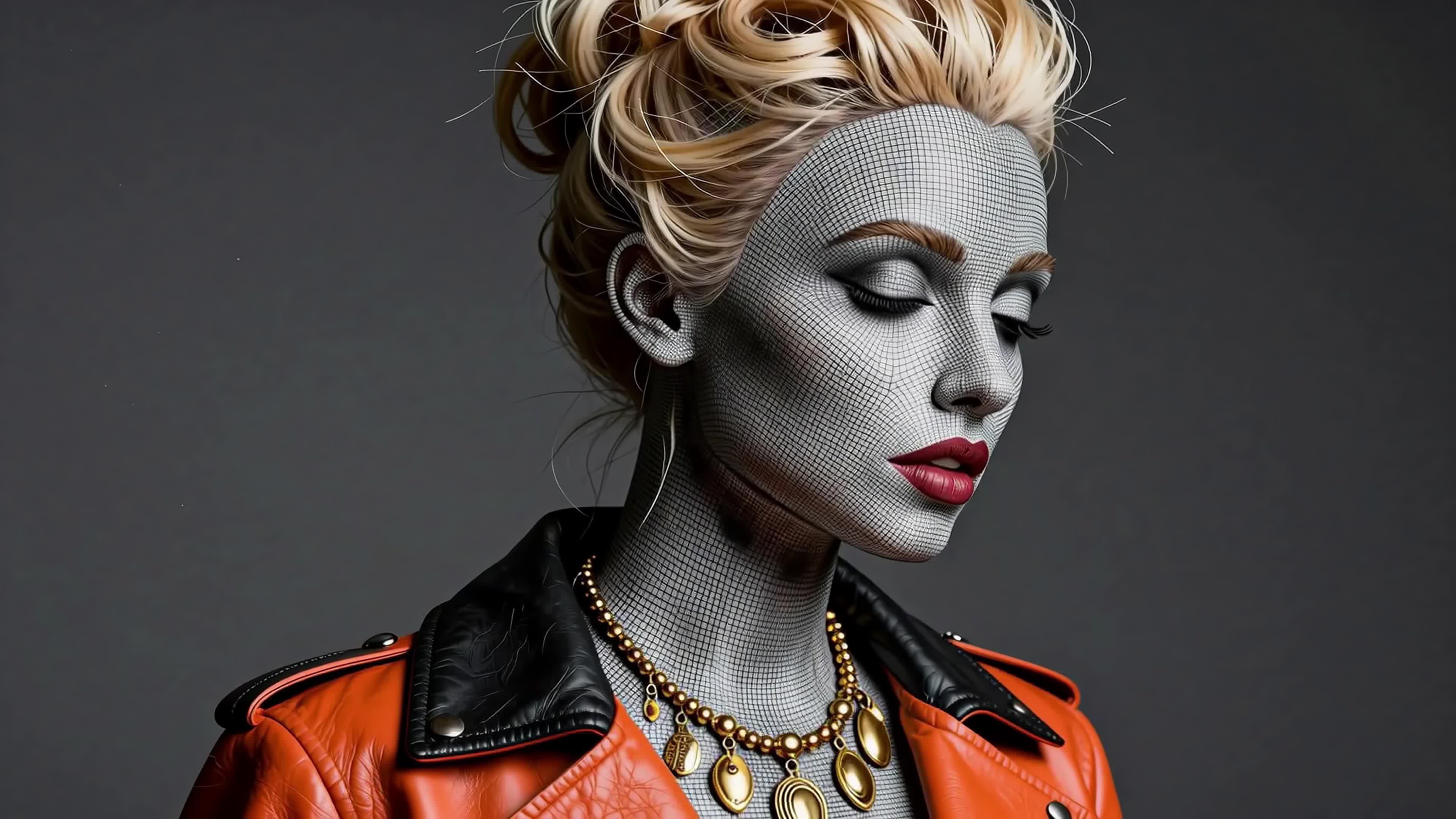 4K Video - Sleek silver-grid female model wearing vibrant orange leather jacket posing elegantly against dark background.