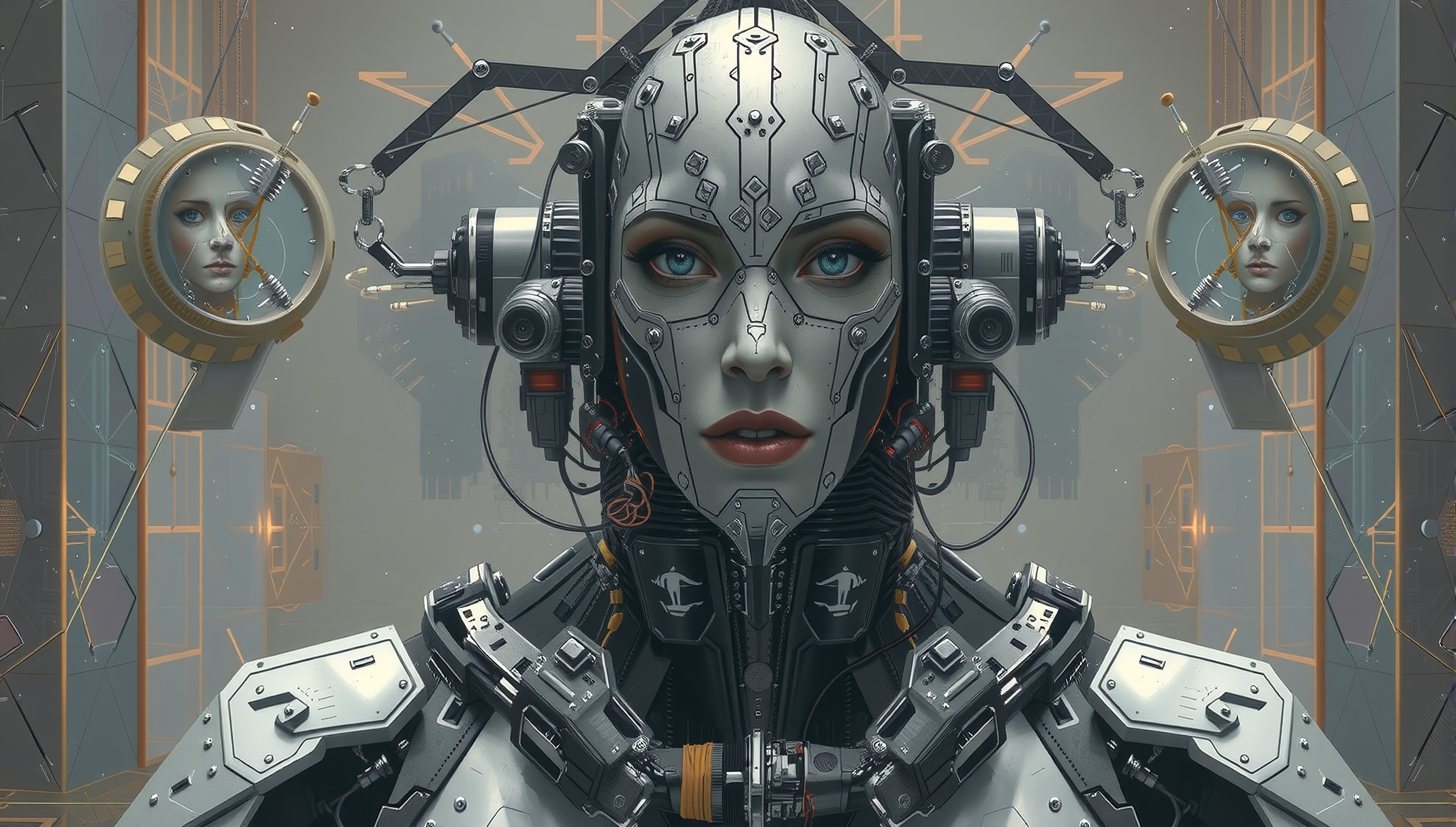 Cybernetic Android Portrait with Symmetrical Mechanical Design