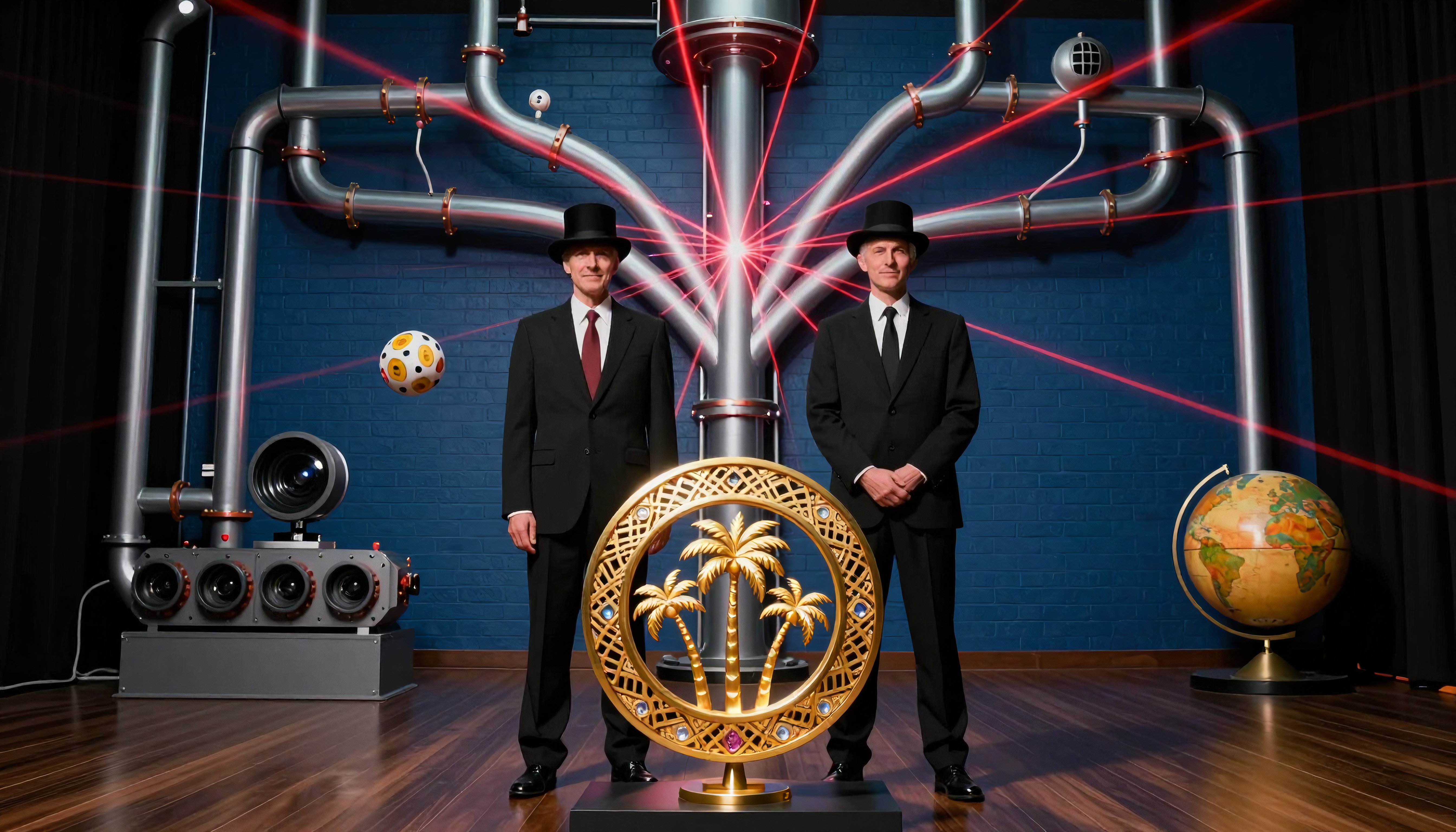 Two Men in Top Hats with Futuristic Lasers and Golden Palm Emblem