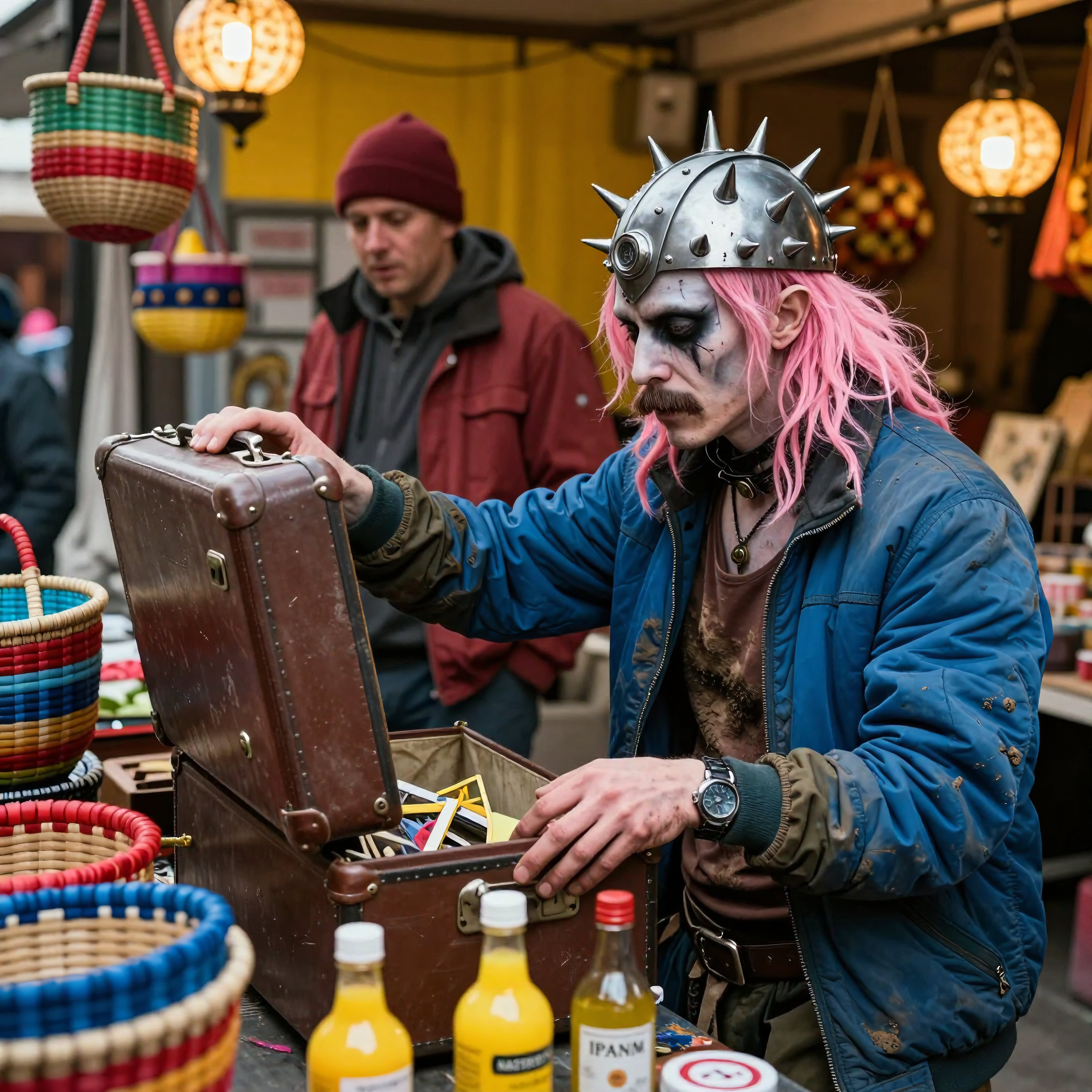 Market Stall Vendor with Spiked Helmet and Pink Hair