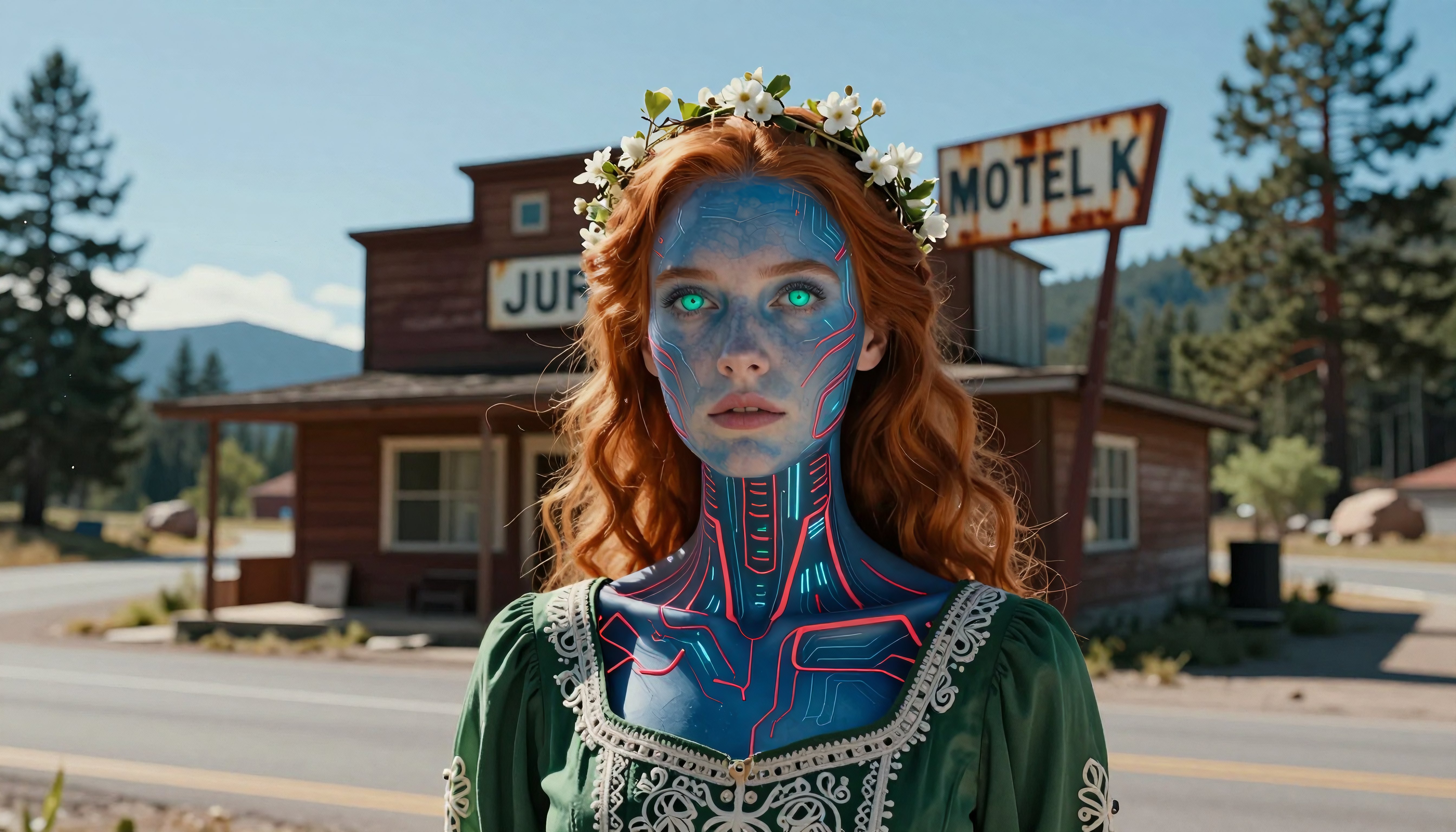 Cybernetic Woman with Floral Crown in Retro Motel Setting