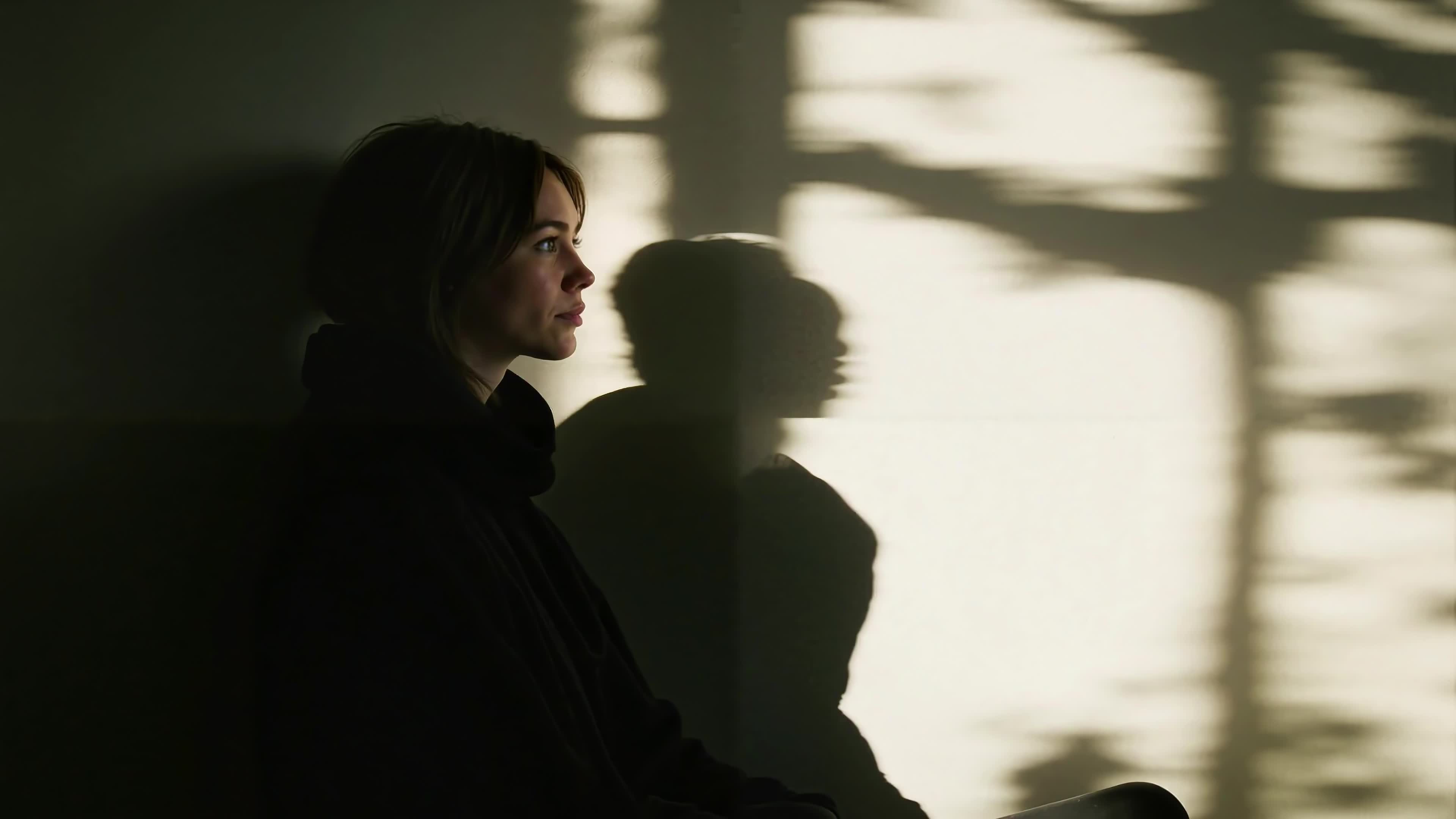 4K Video - Serene woman seated in dimly lit room with dynamic sunlight casting intricate shadows on surrounding walls creating tranquil reflective ambiance.