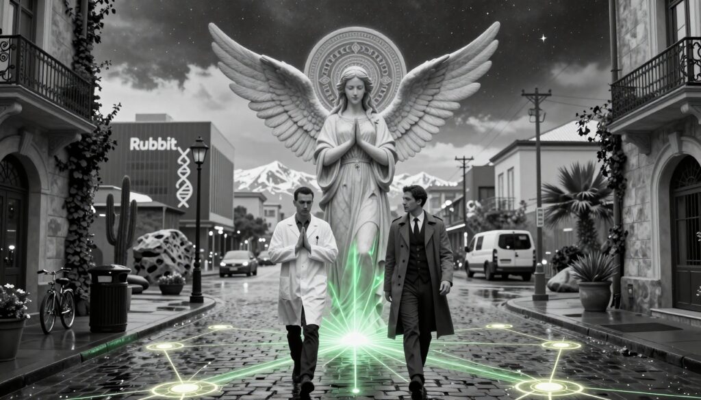 Angel Statue and Two Men in Futuristic Urban Street
