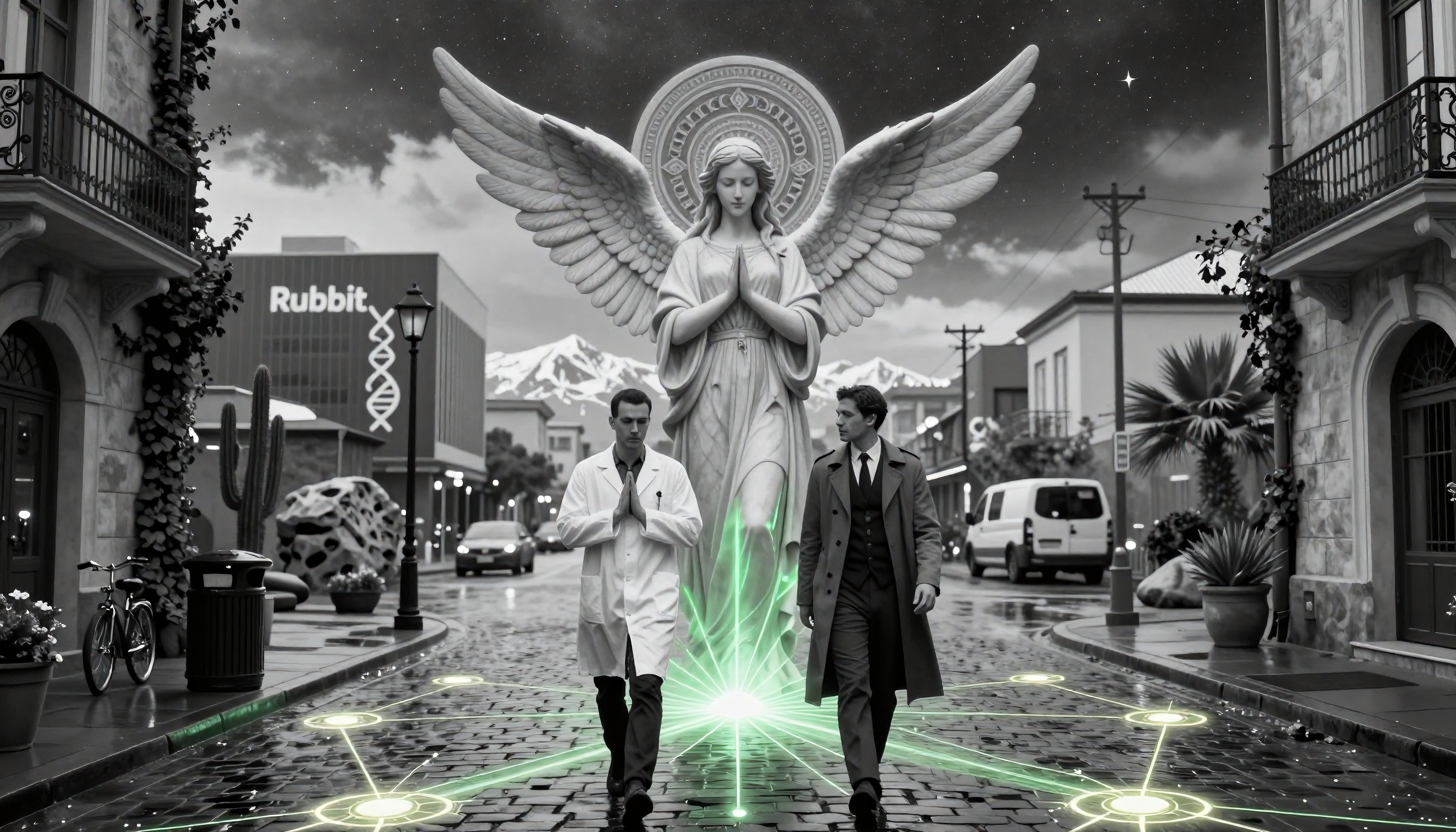 Angel Statue and Two Men in Futuristic Urban Street