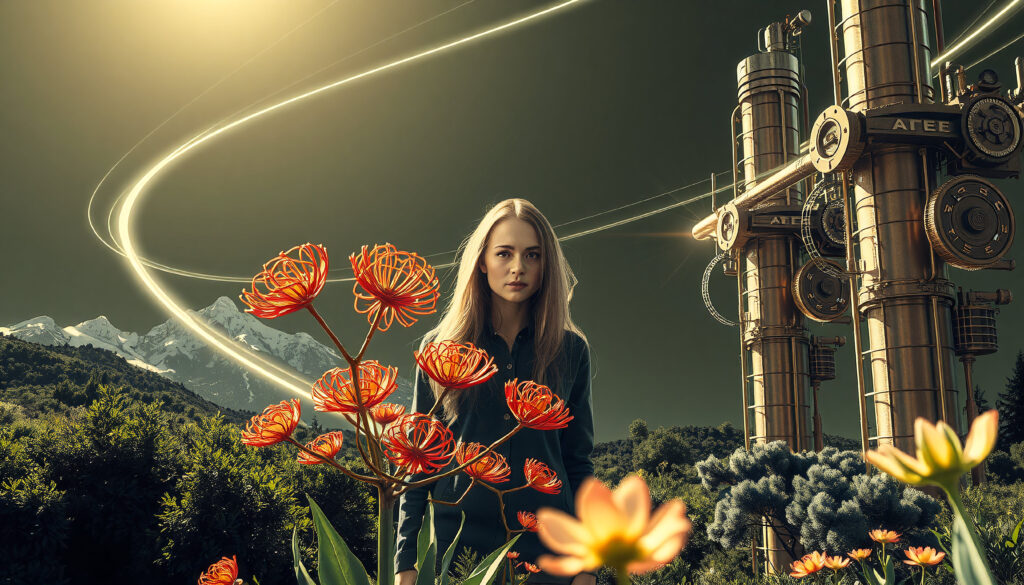 Sci-Fi Industrial Landscape with Woman and Glowing Flowers