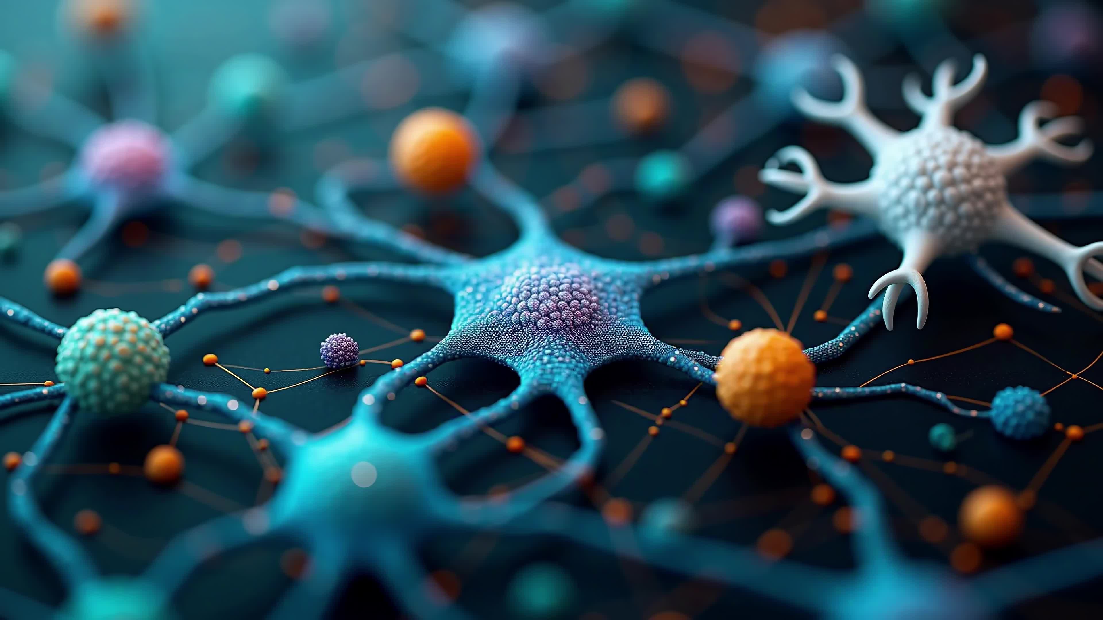 4K Video - Abstract animated view of interconnected cells and molecules under high magnification showing fantastical biological processes.