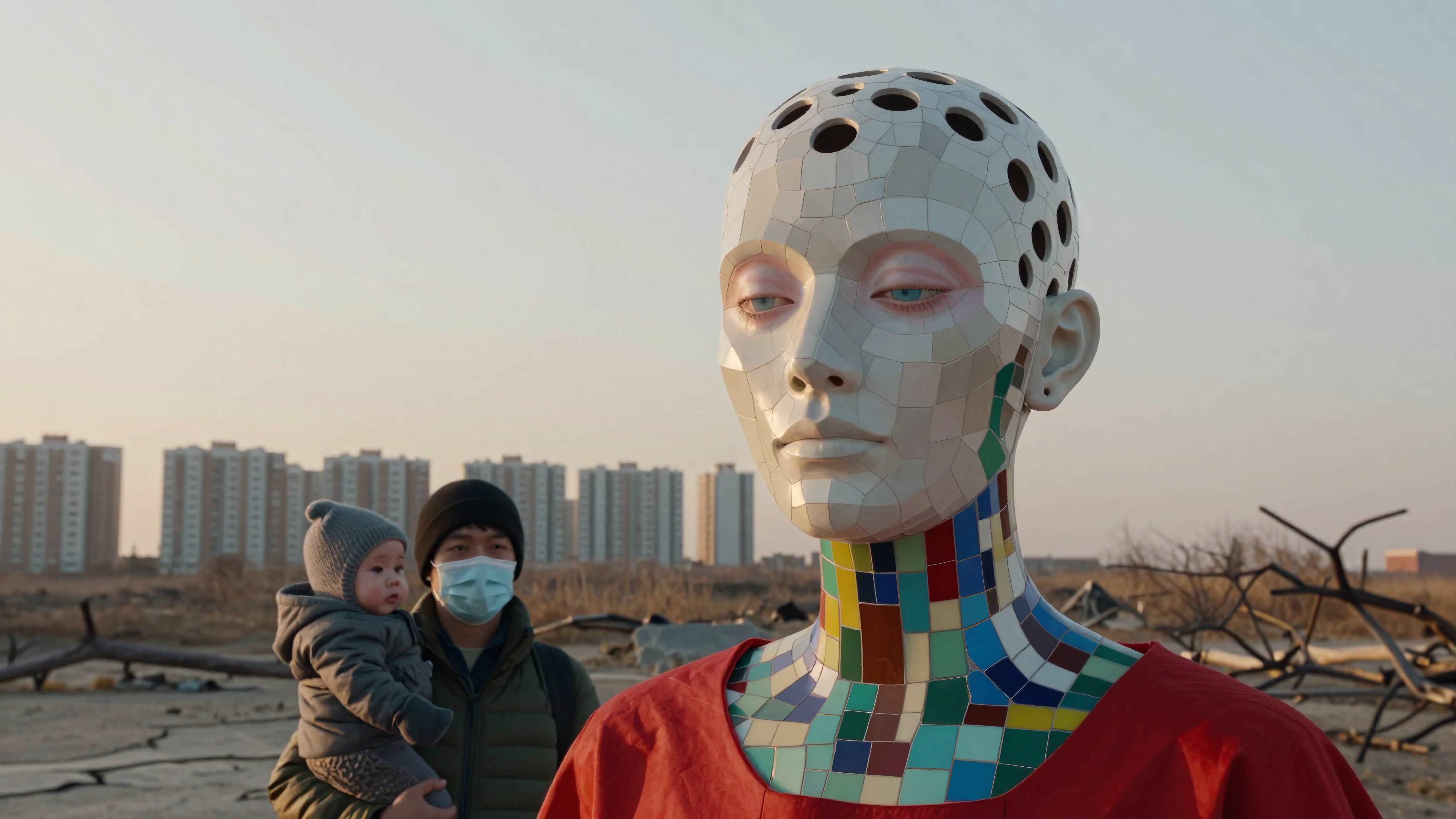 Mosaic Human Sculpture with Masked Family in Urban Wasteland