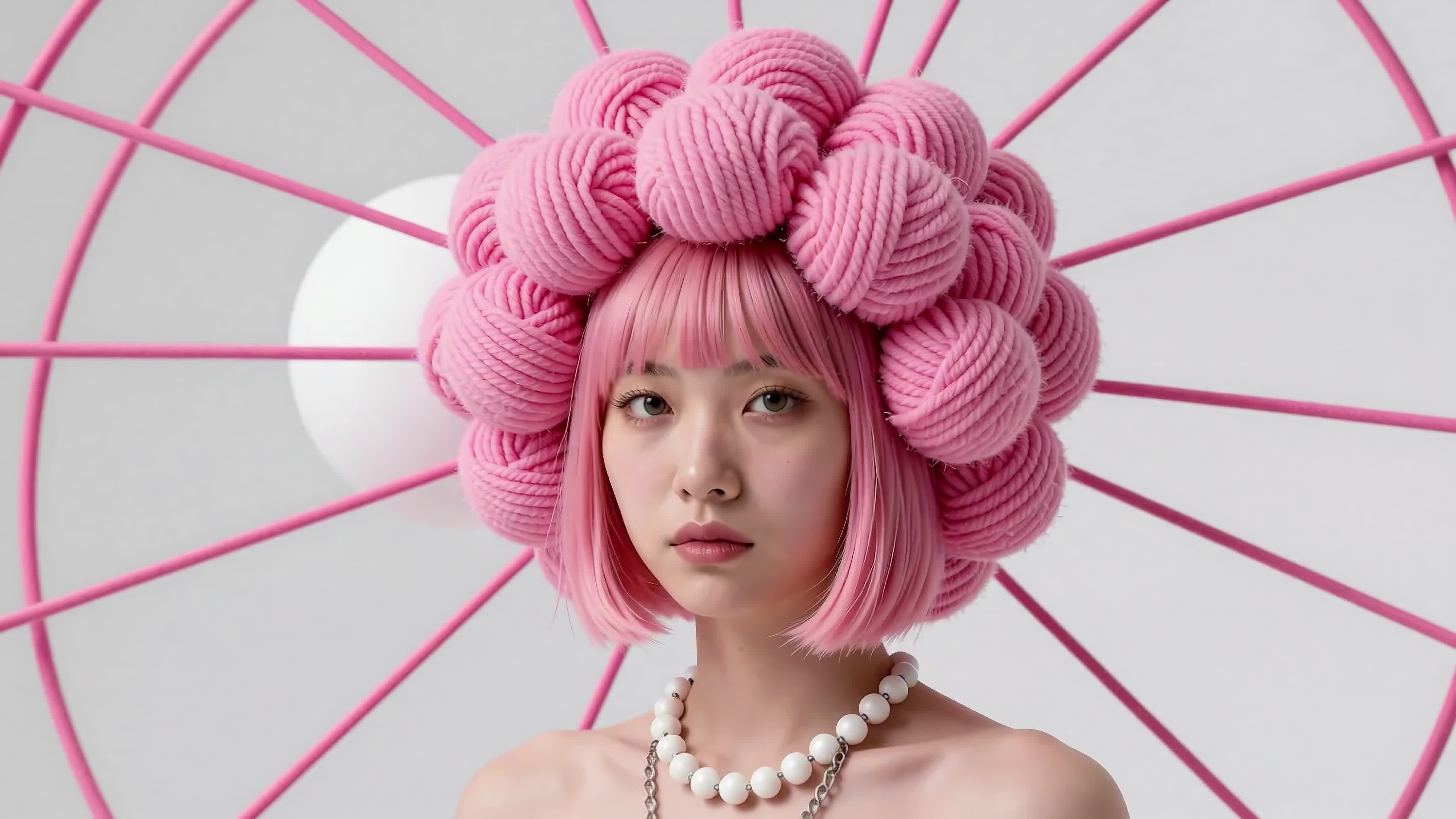 4K Video - A woman adorned with a vibrant pink yarn crown poses gracefully under soft studio lights, surrounded by radiant metallic structures creating a futuristic yet delicate atmosphere.
