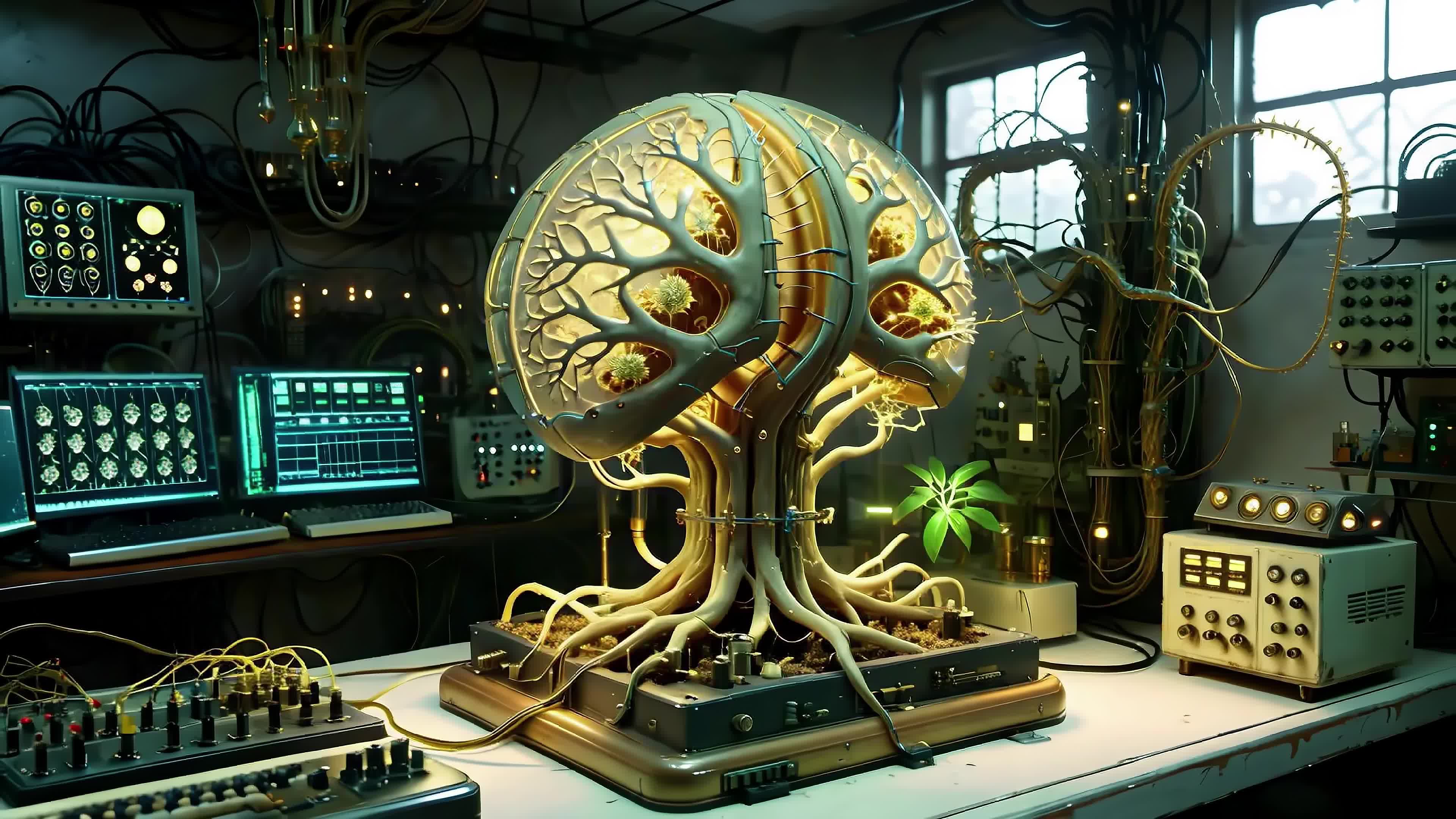 Futuristic lab scene blending living trees with electronic circuits and glowing wiring for imaginative tech-art 4K video.