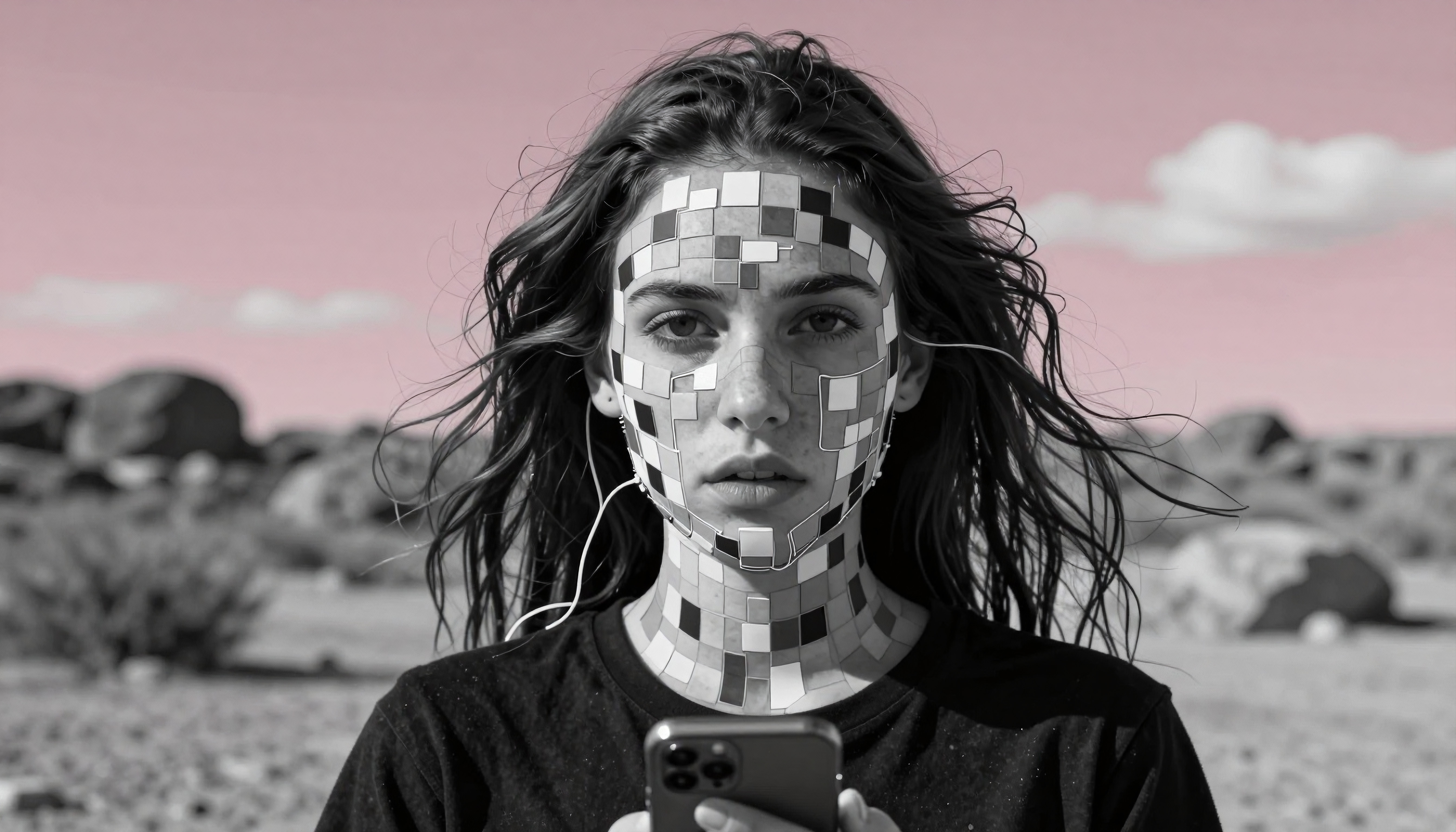 Cyberpunk Portrait: Woman with Digital Face Mask in Desert