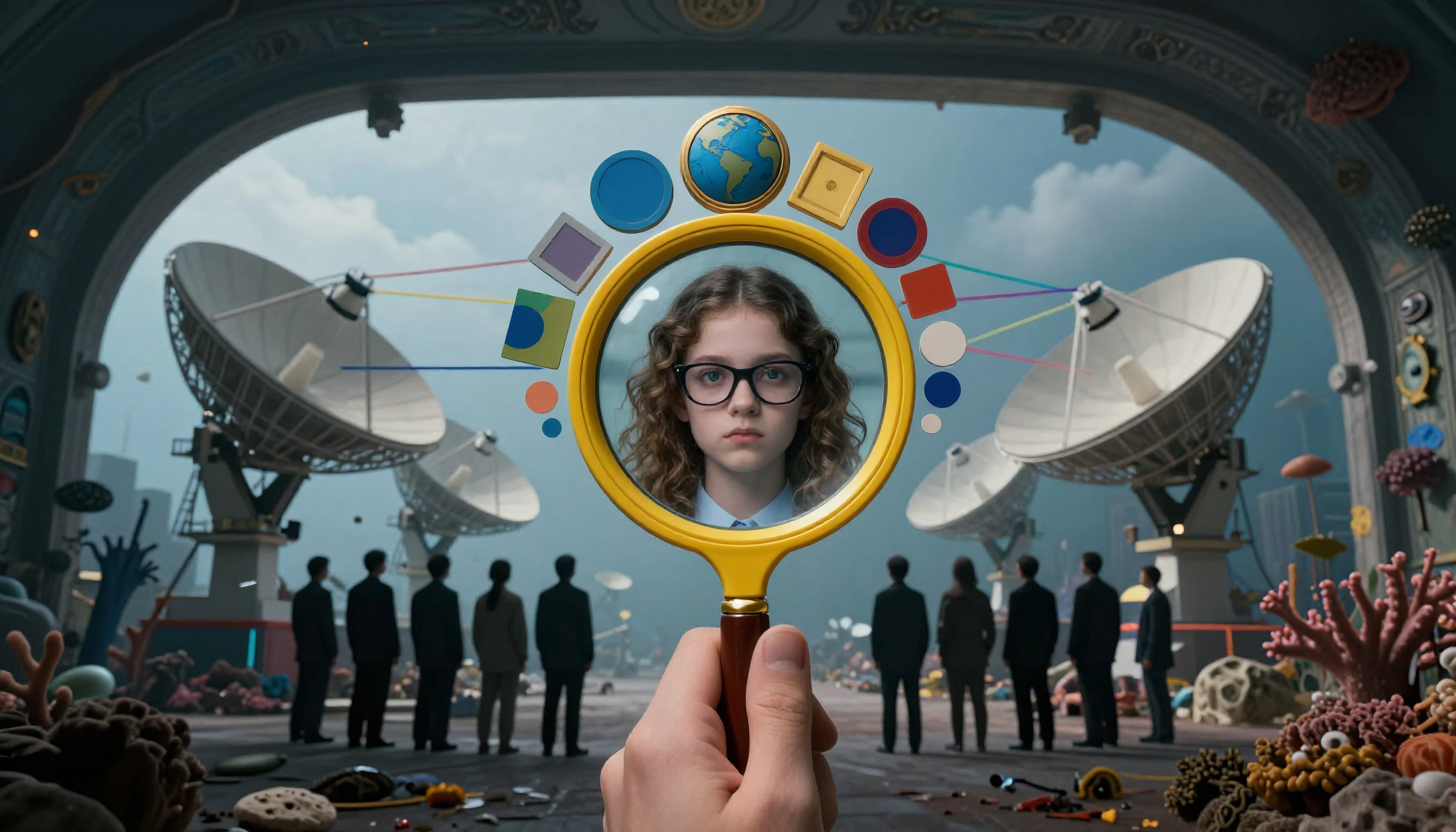 Curious Girl Observed Through Magnifying Glass in Futuristic Observatory