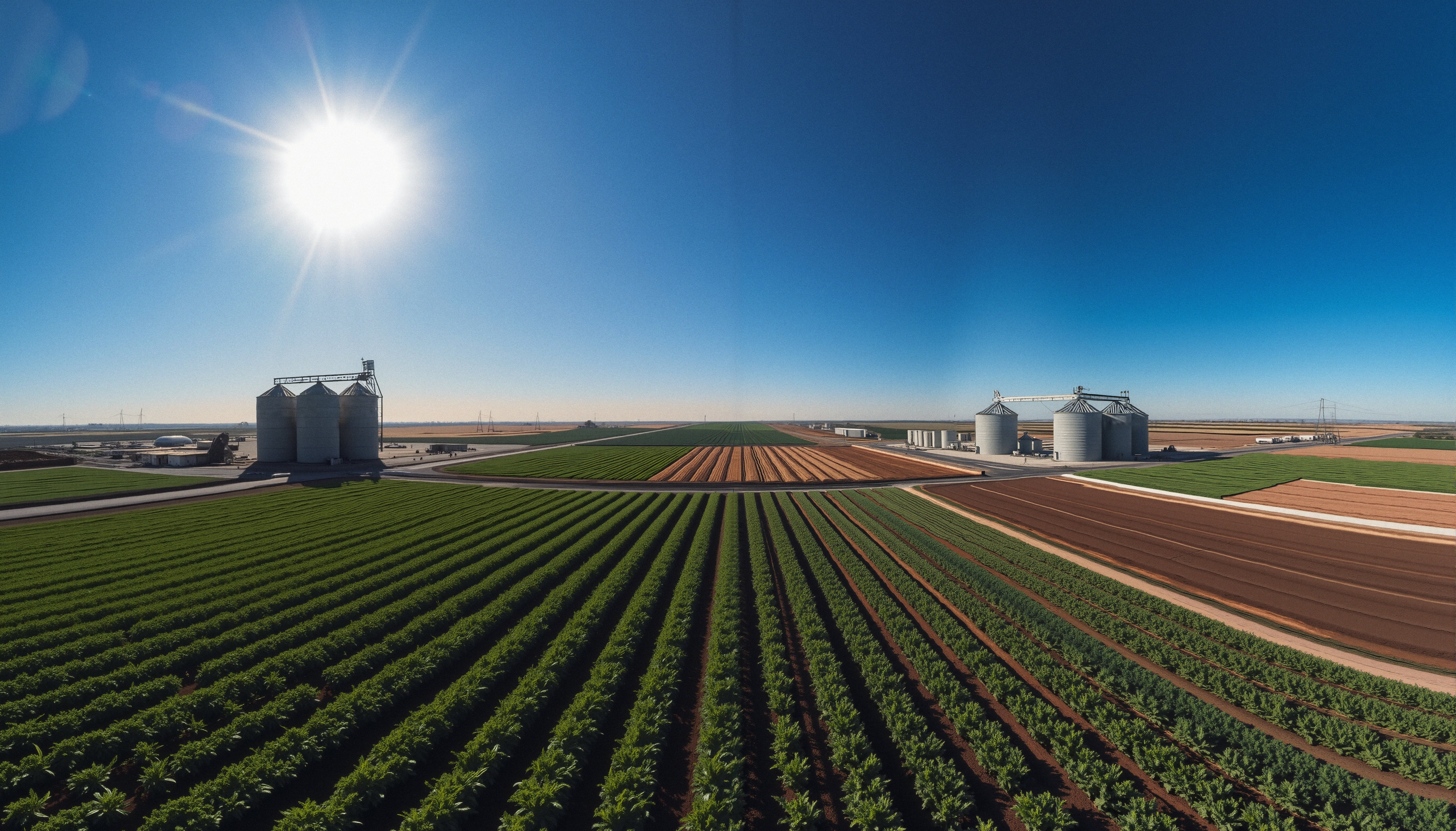 Sunlit Agricultural Fields with Silos Under Clear Blue Sky