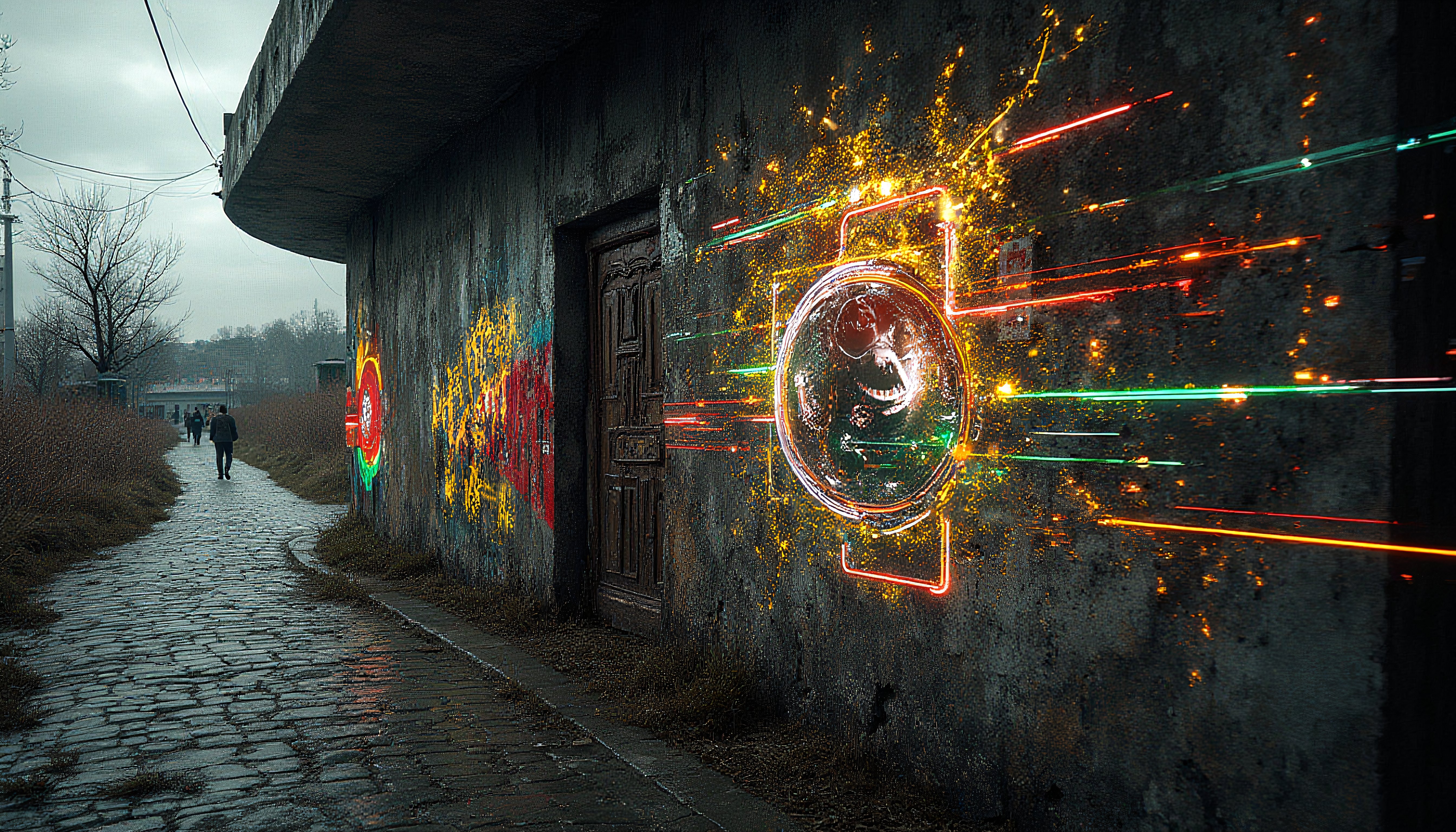 Neon Graffiti Art on Urban Concrete Wall with Cobblestone Path