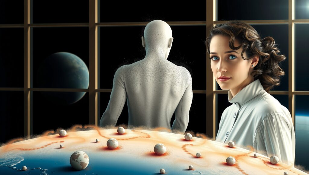 Woman Gazing at Mannequin and Planetary Models in Futuristic Window Setting