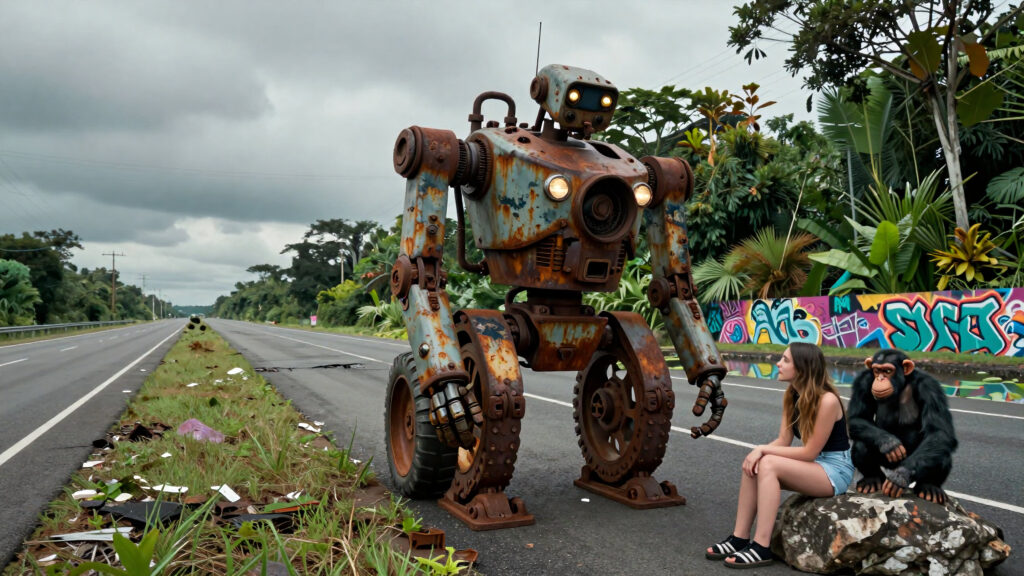 Rusty Robot Meets Girl and Chimpanzee on Overgrown Roadside