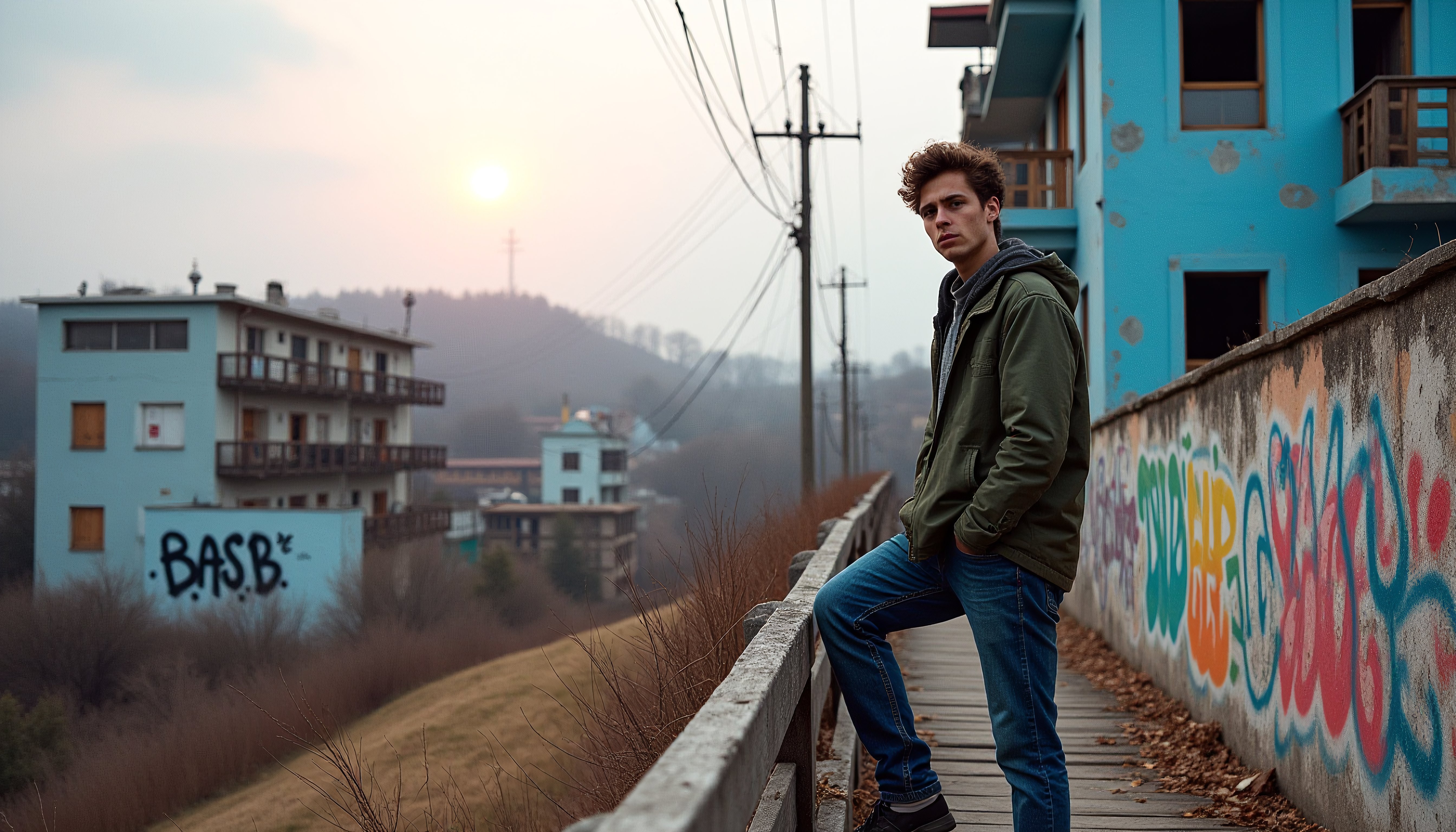 Young Man Leaning on Graffiti Wall at Sunset in Urban Setting