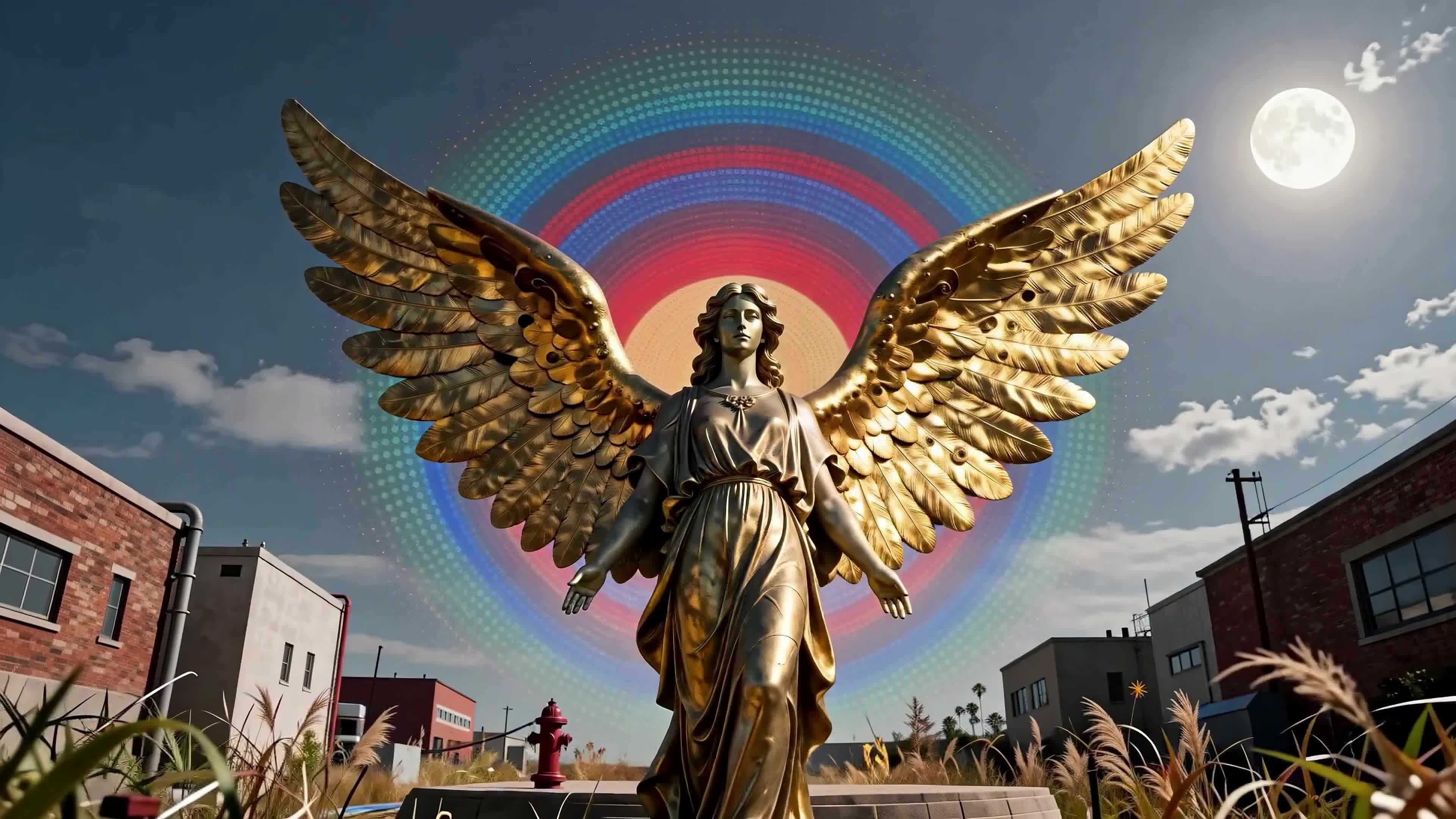 4K Video - Serene Golden Winged Angel Radiates Divine Light Amidst Cityscape Skyline