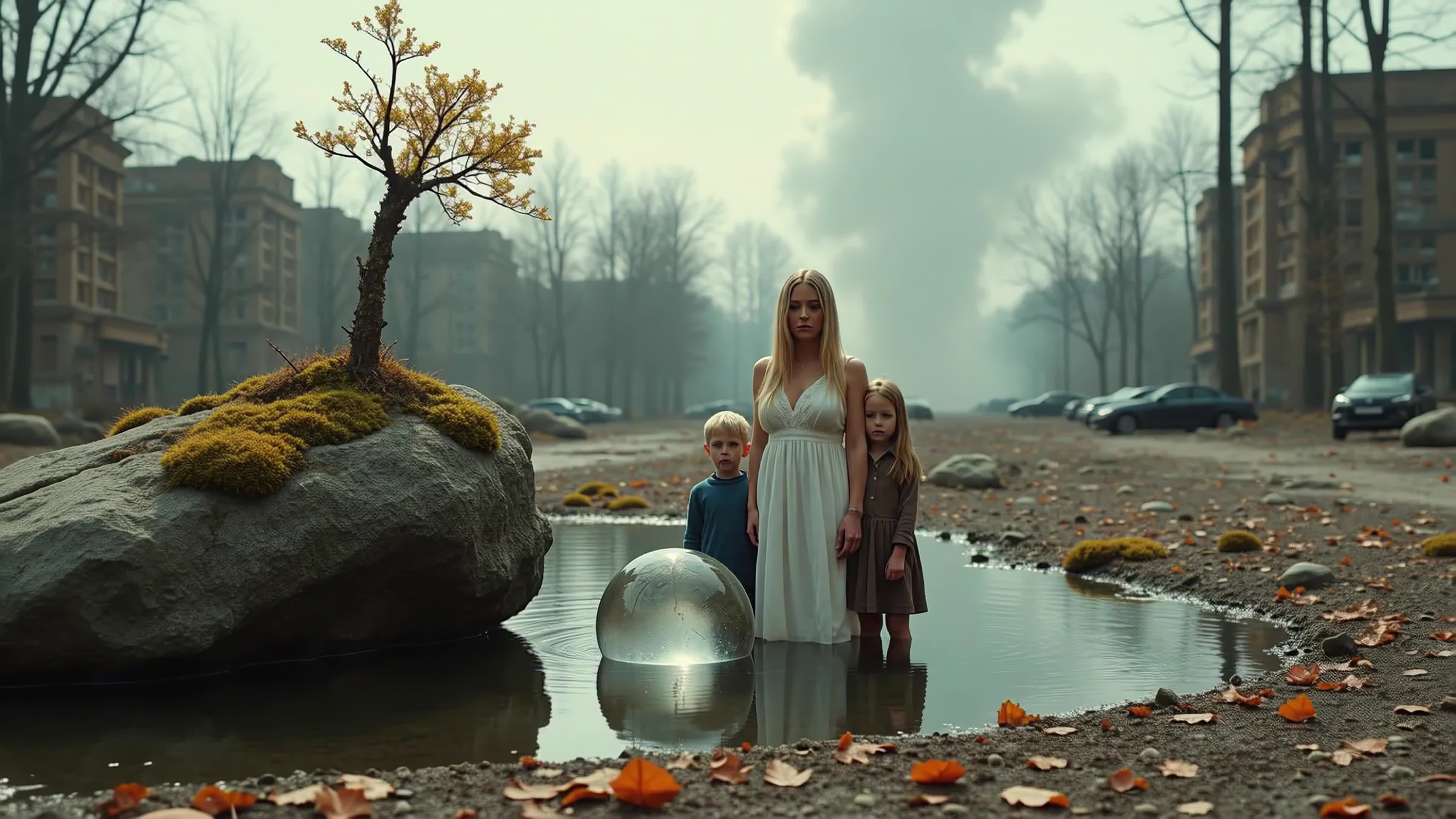 4K Video - Mother and Children With Floating Glass Sphere Amidst Urban Landscape Reflections.