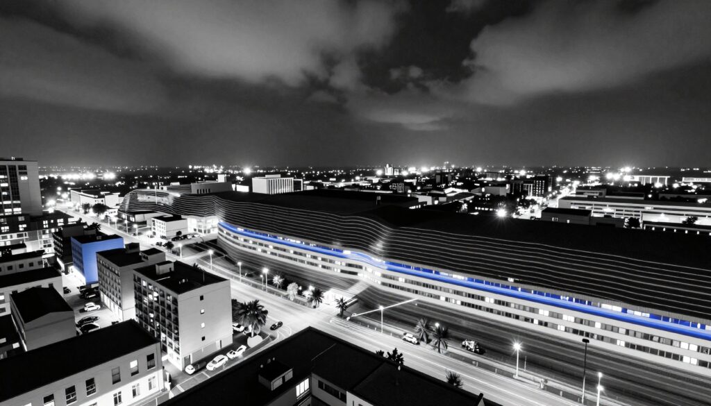 Nighttime Cityscape with Modern Architecture and Illuminated Streets