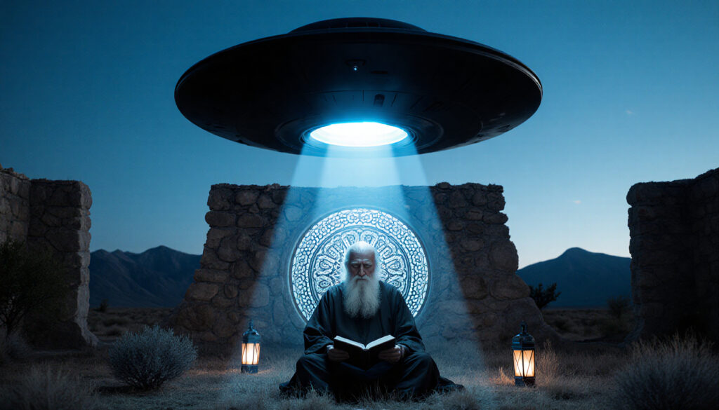 UFO Over Ancient Stone Structure with Man Reading Book in Desert