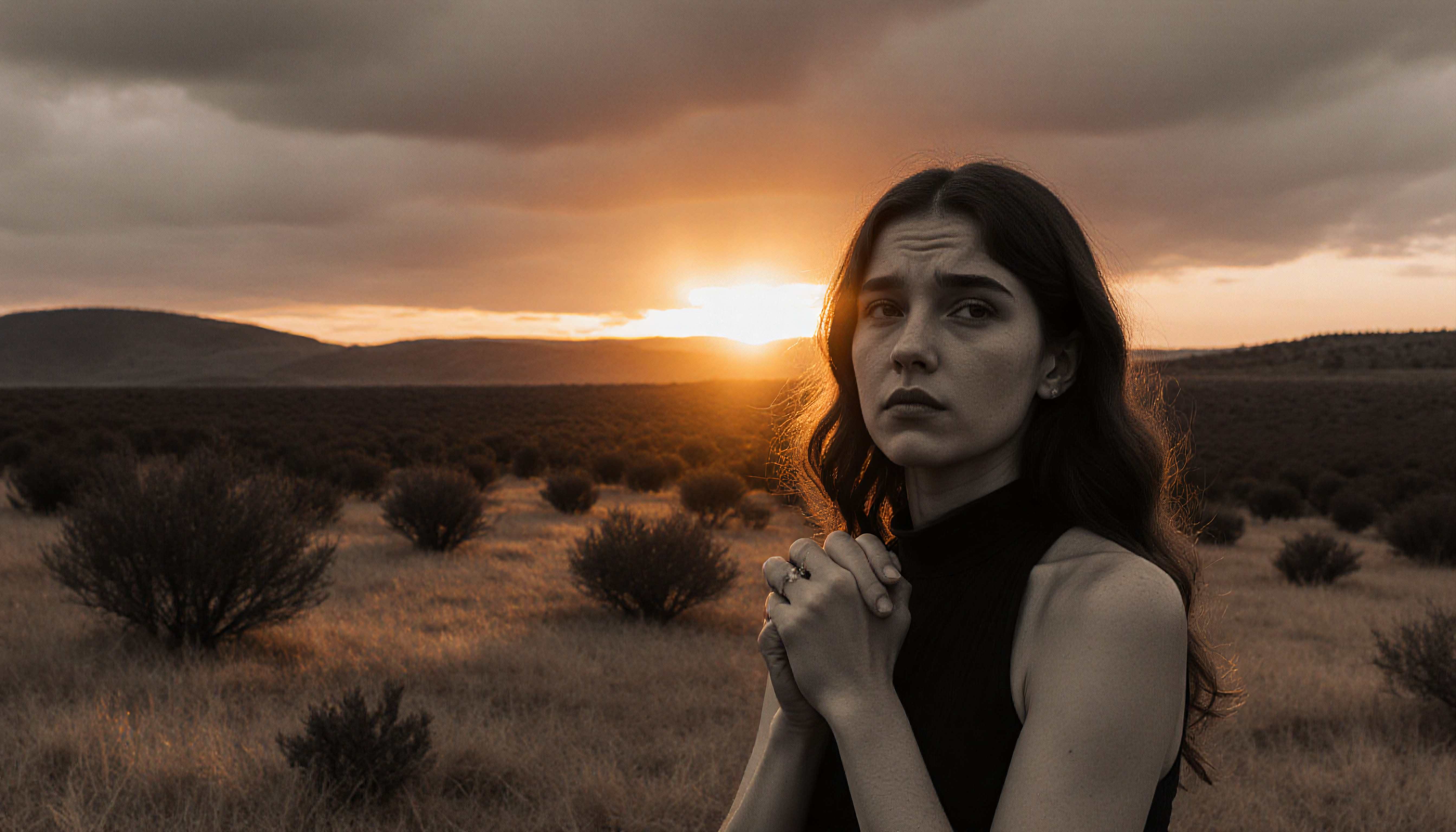Contemplative Woman at Sunset in Desert Landscape