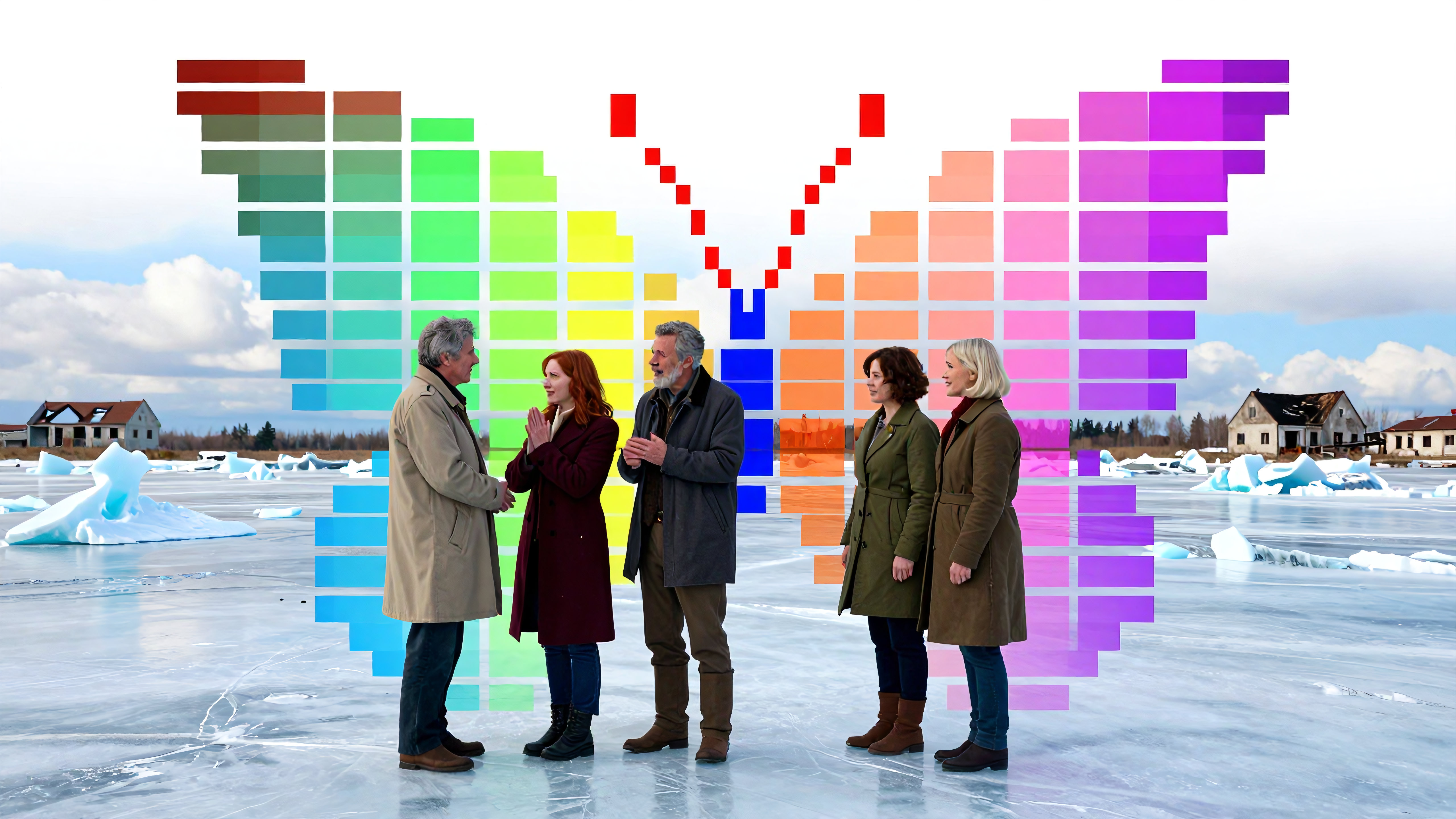Five People Standing on Ice with Colorful Butterfly Graphic