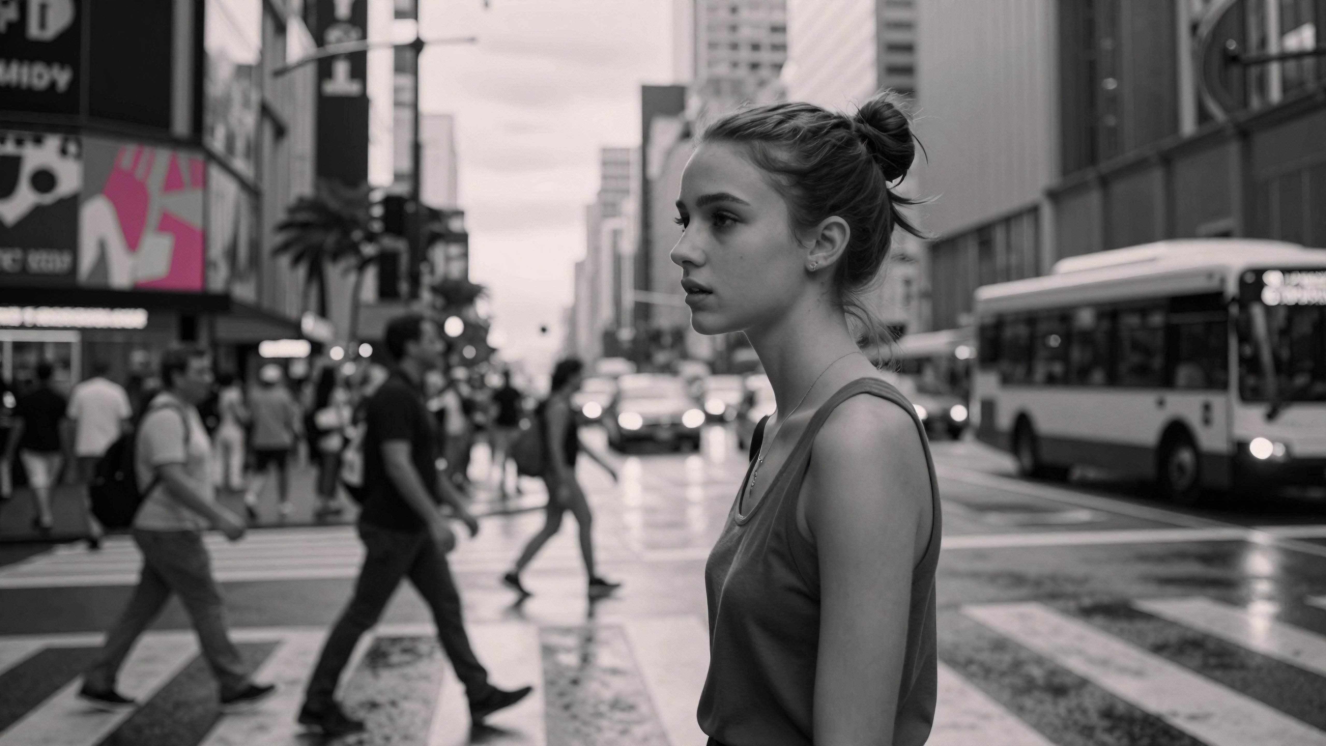 Contemplative Woman in Urban Crosswalk