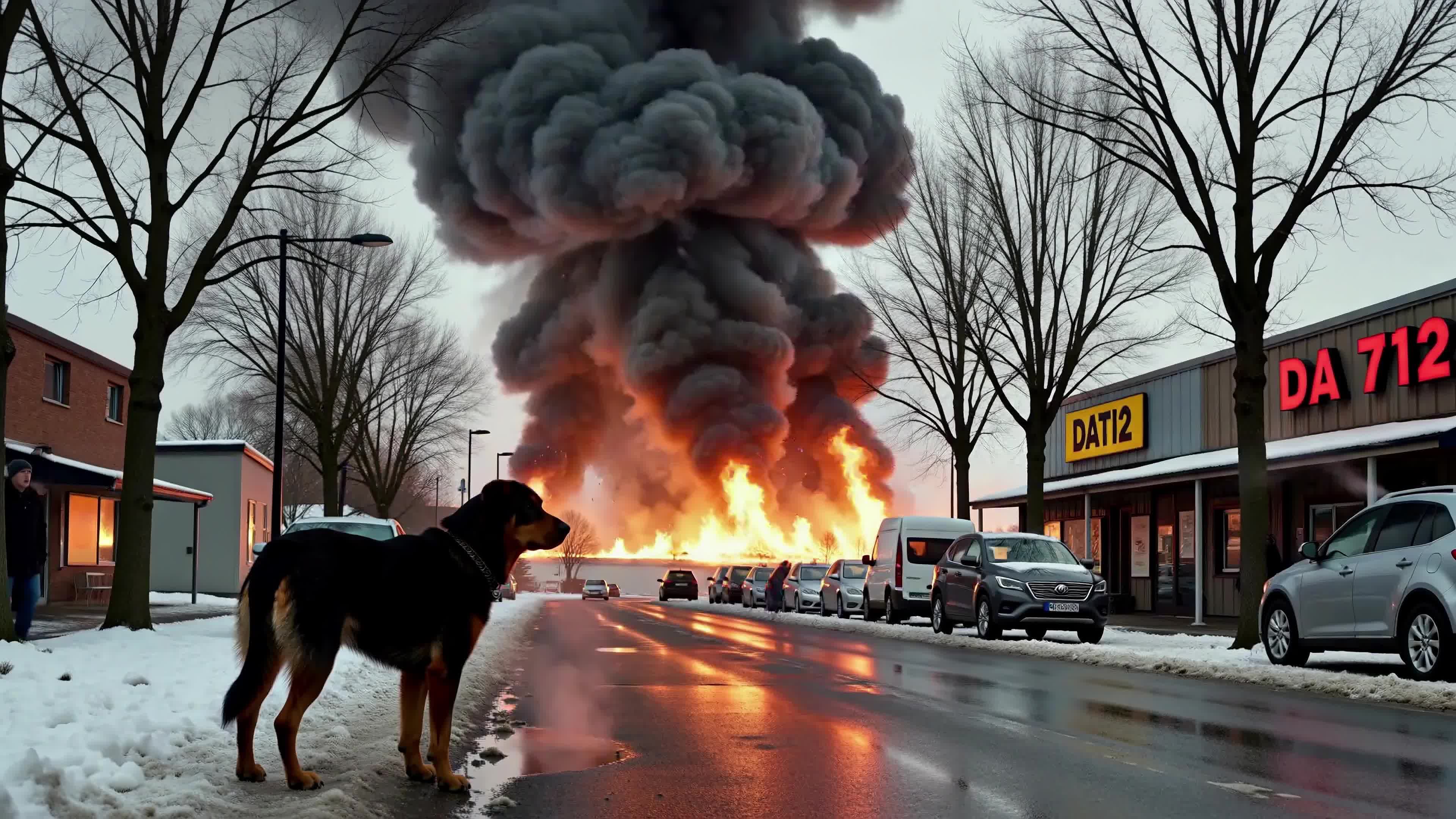 4K Video - Snowy street dog watching massive fire eruption during winter evening with dramatic smoke clouds and glowing embers reflecting off wet roads.