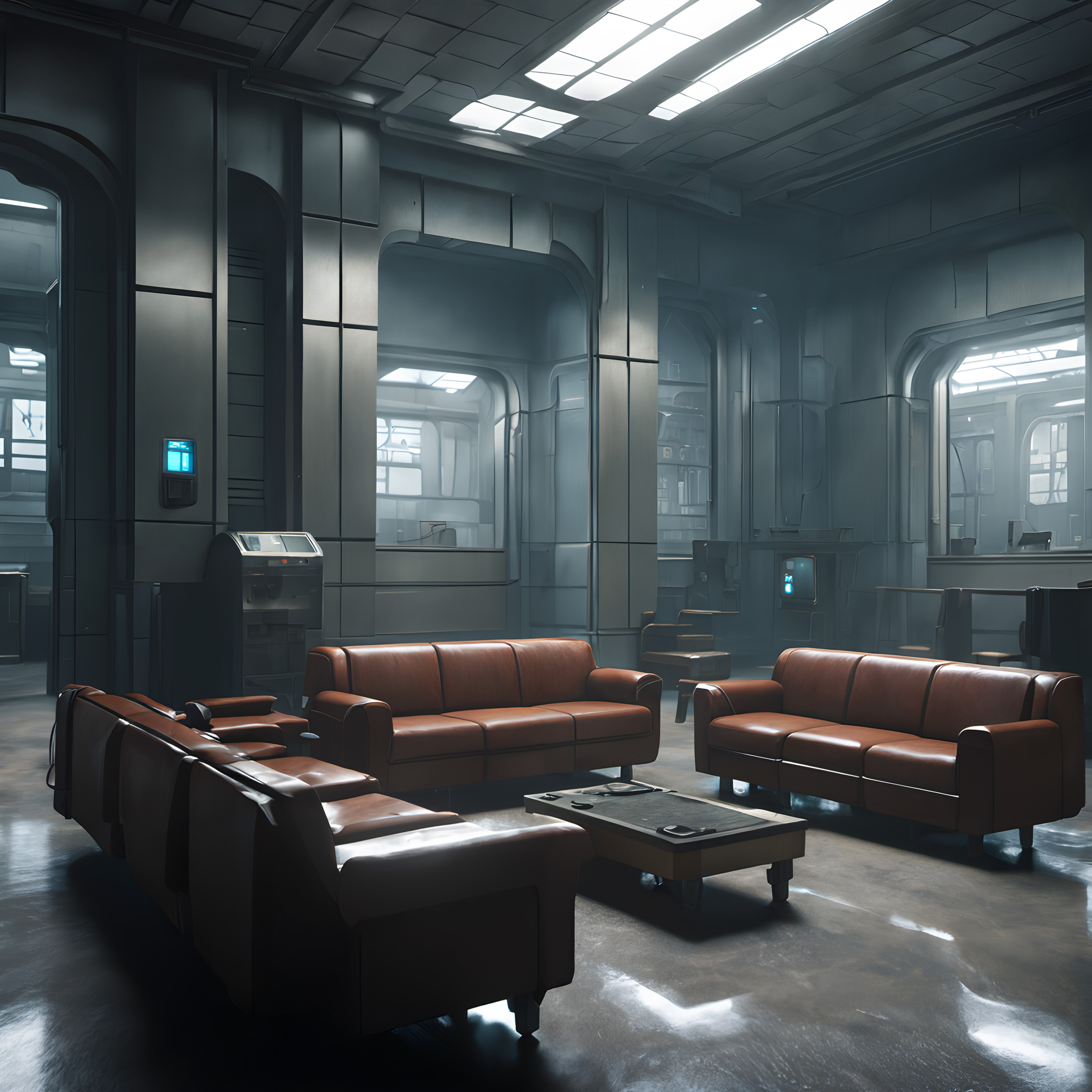 Futuristic Sci-Fi Lounge Interior with Brown Leather Sofas for Business & Film Productions