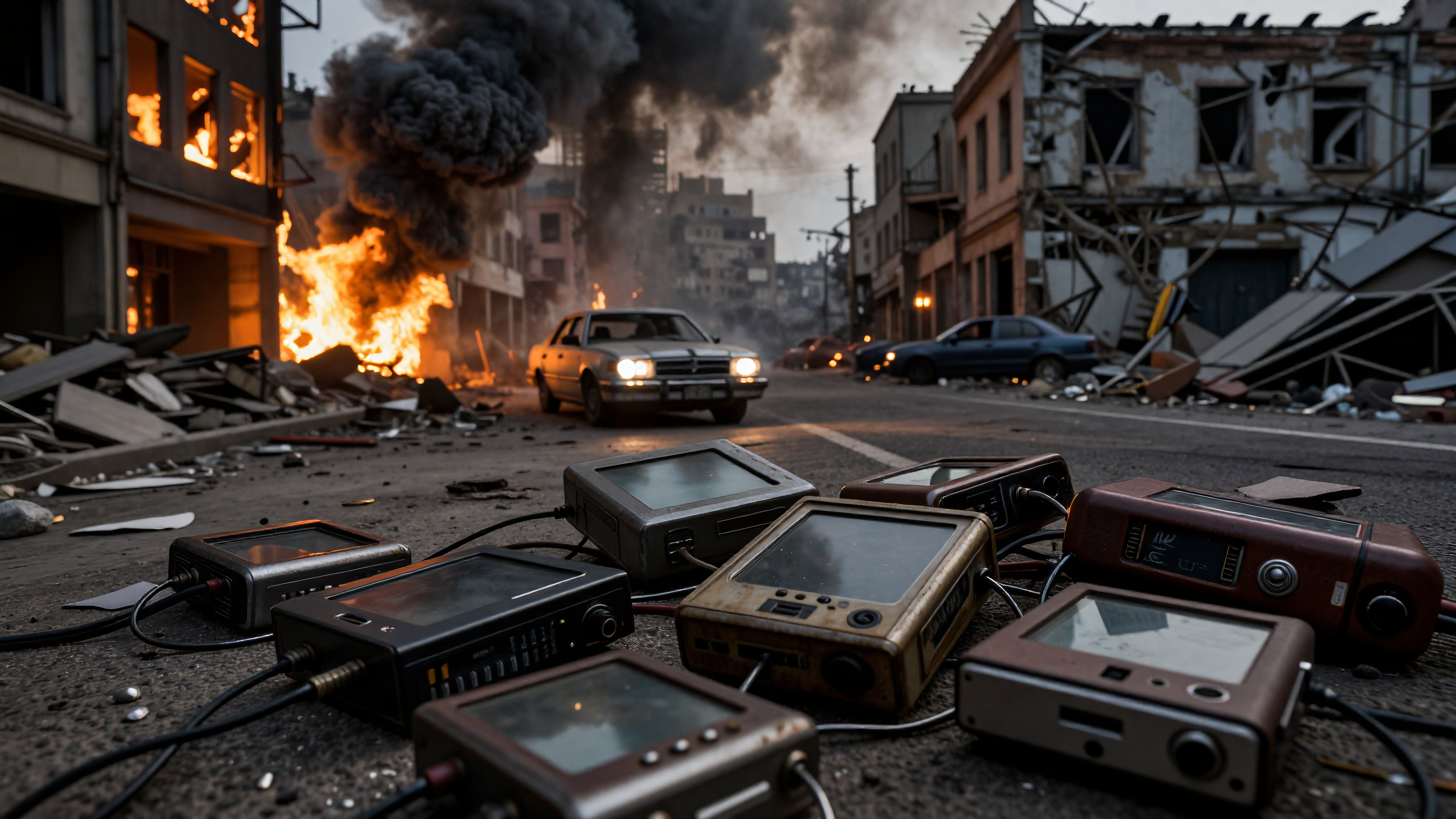 Dystopian Street Scene with Retro Electronics Amidst Urban Destruction