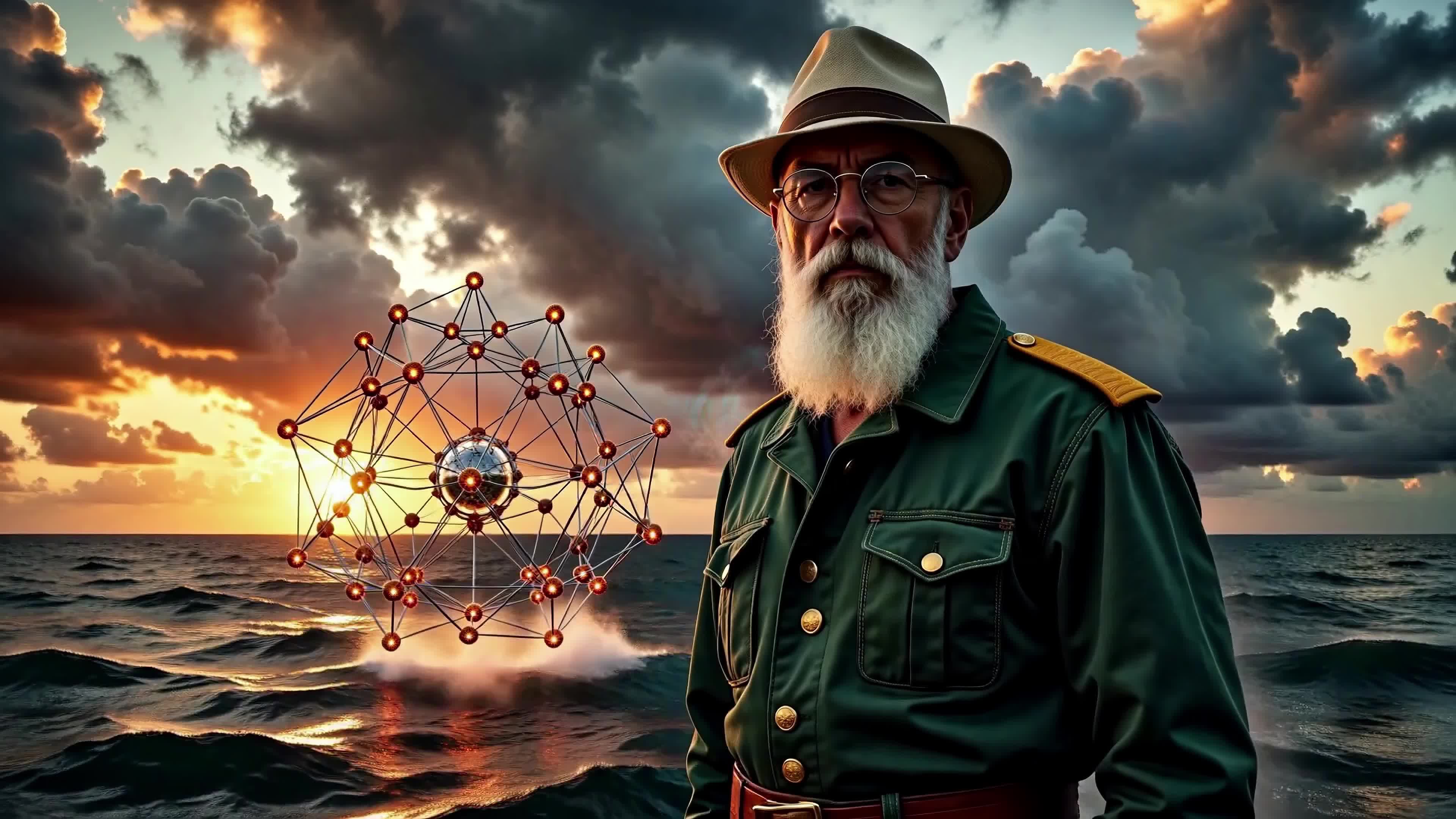 4K Video - Elderly adventurer observing radiant cosmic geometrical sculpture over storm-tossed ocean during breathtaking sunset.