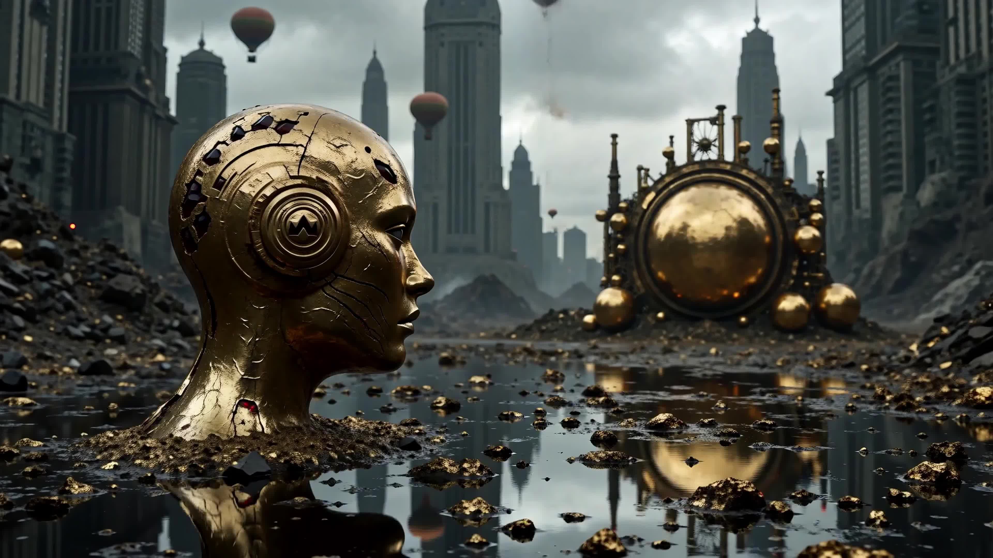 4K Video - Golden goddess emerging from water among shattered cityscape and blazing mechanical clock sculpture.