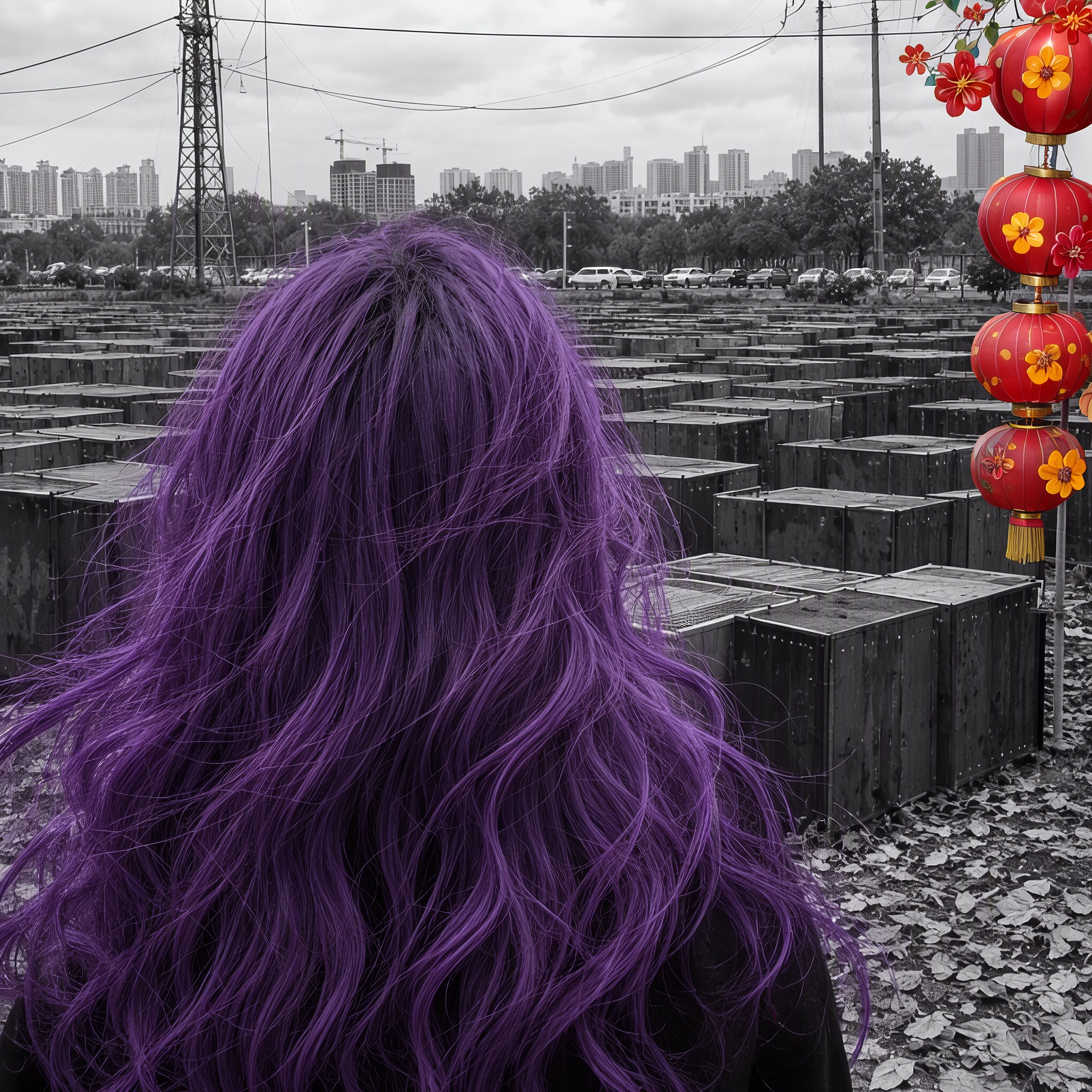 Purple-Haired Figure Amidst Industrial Boxes with Festive Lanterns