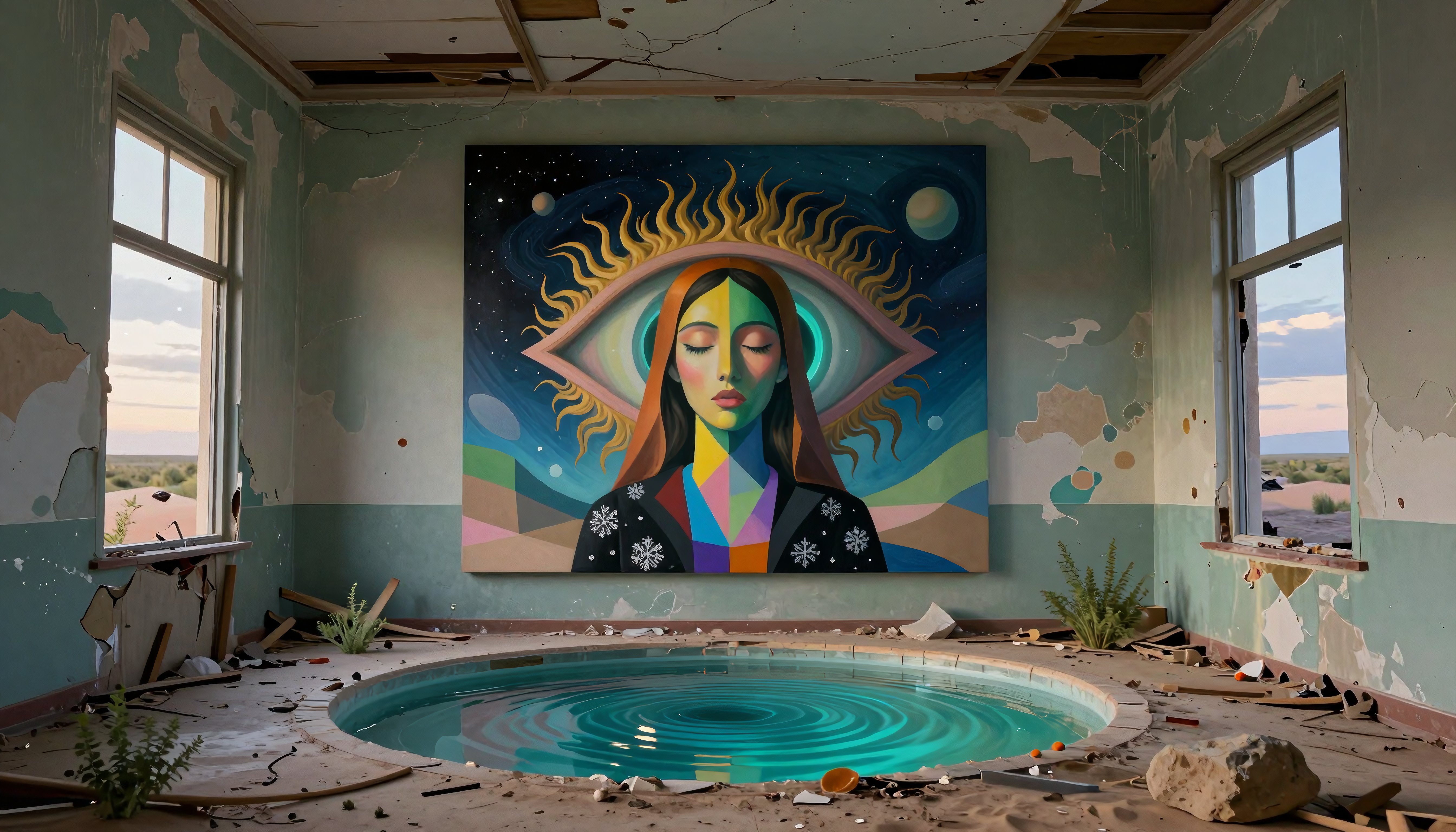 Surreal Abstract Painting in Dilapidated Room with Circular Pool