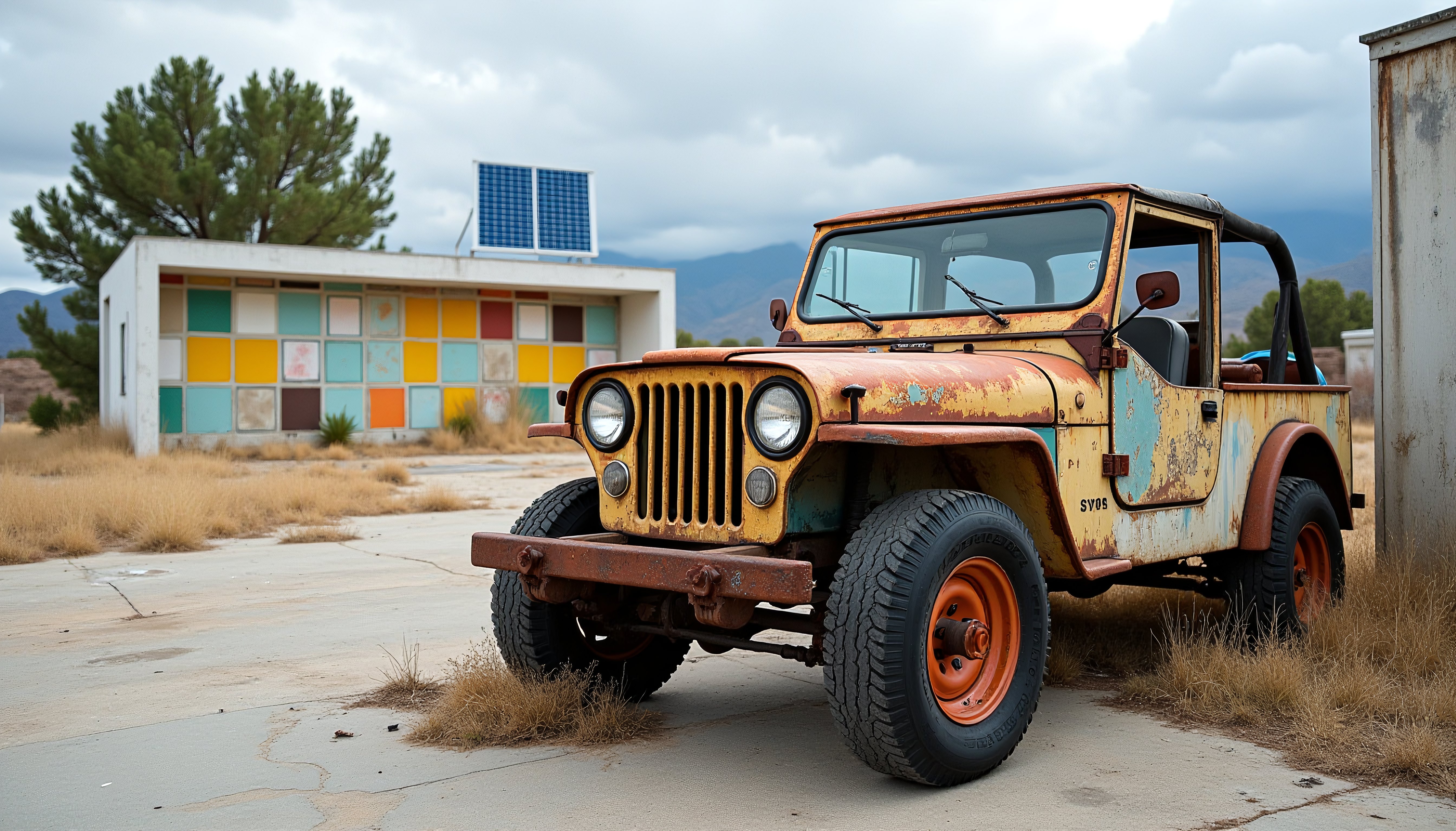 Rusty Vintage Jeep in Industrial Desert Setting