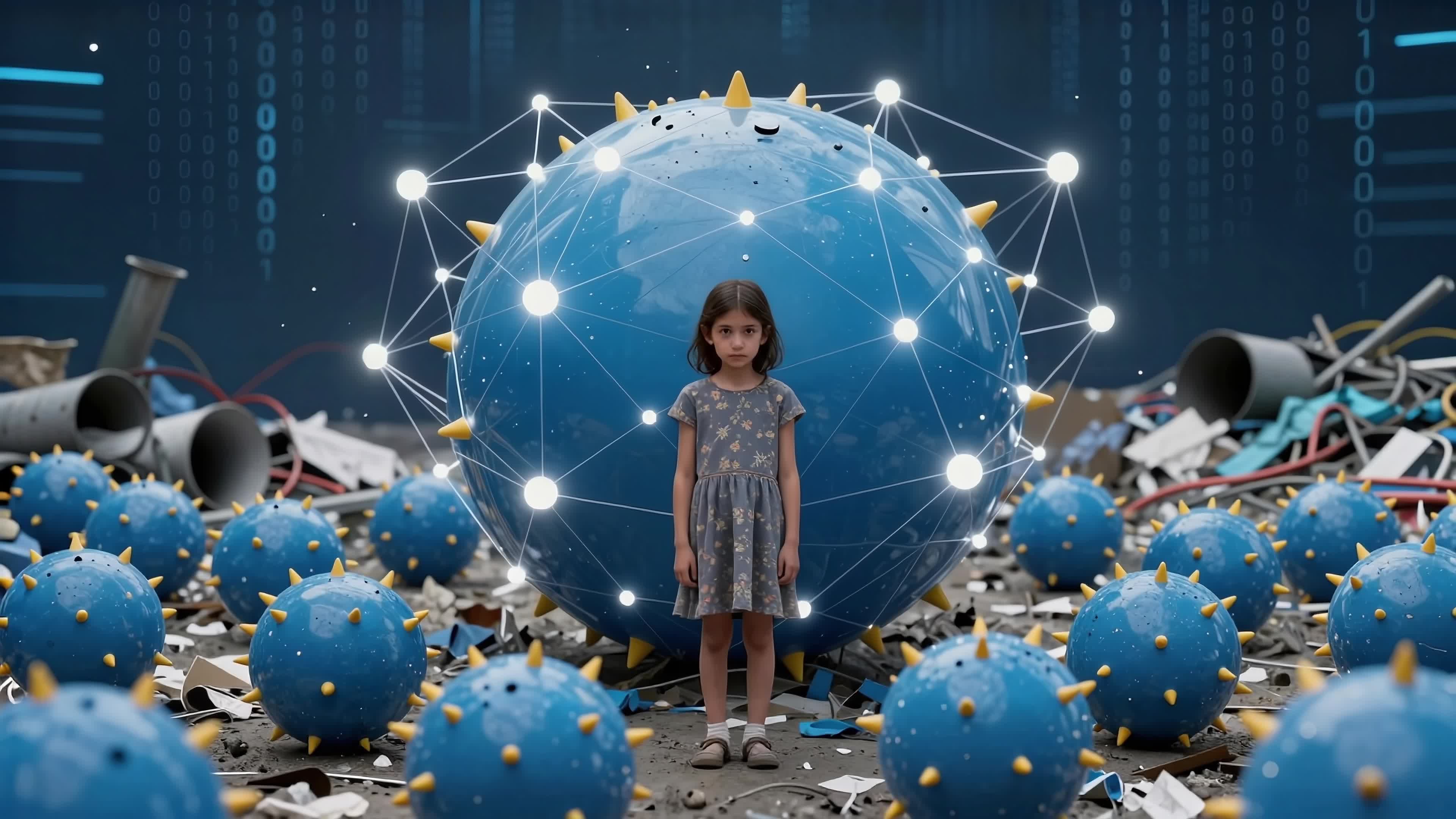 4K Video - Young girl surrounded by giant glowing spiked spheres in a futuristic dystopic junkyard with binary code skies, conveying wonder, isolation, and high-tech fantasy.