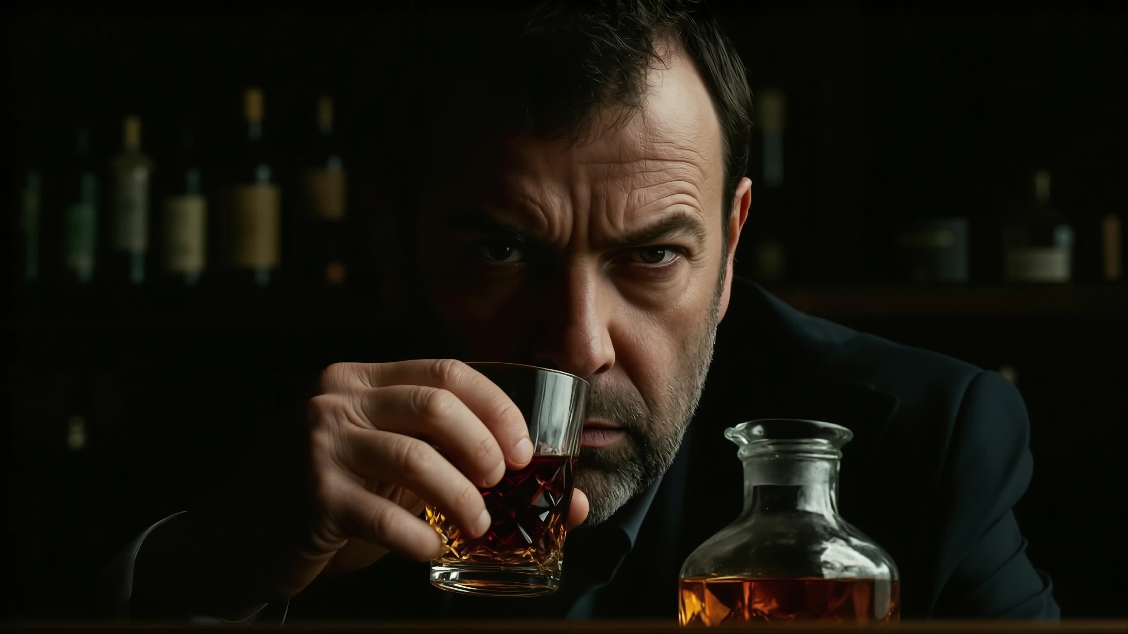 4K Video - Man sipping whiskey solo in dim-lit bar with serious expression surrounded by spirits.