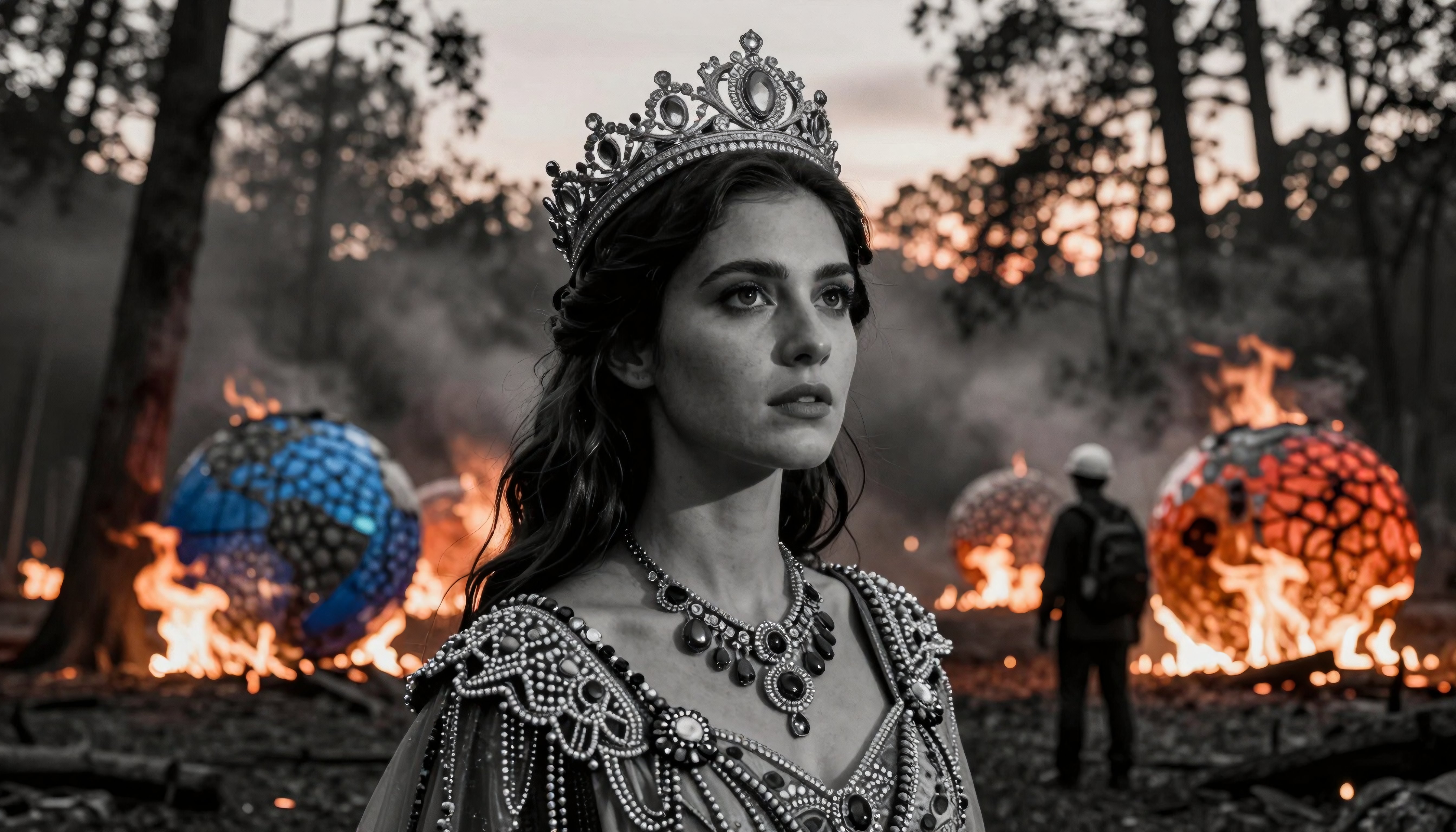 Regal Woman with Crown Standing in Forest Amidst Burning Spheres