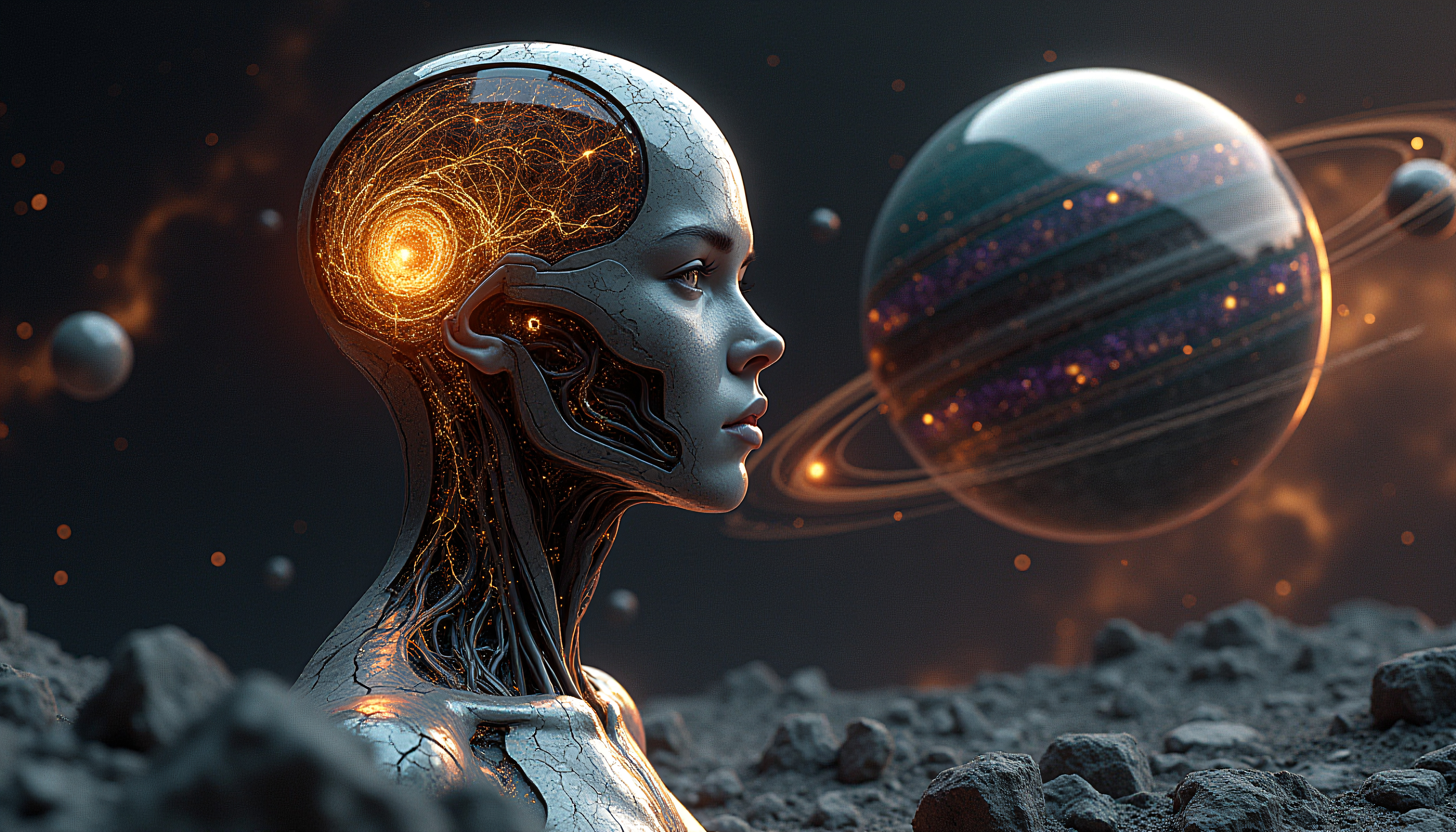 Intelligent Cyberspace Portrait: Sci-Fi Head Profile with Galactic Planet Display