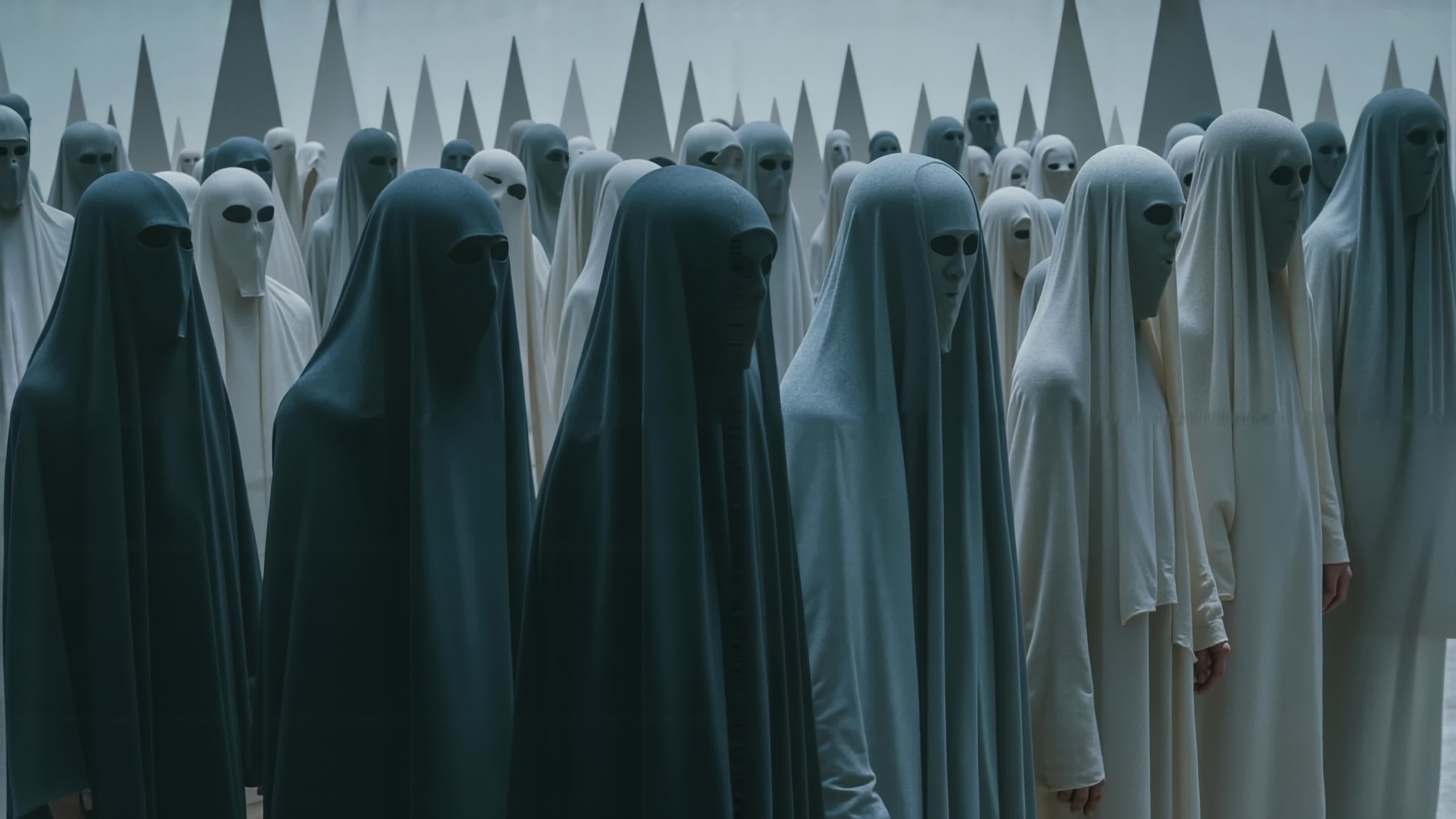 4K Video - Eerie masked figures marching silently past towering spire structures in surreal grayscale landscape.