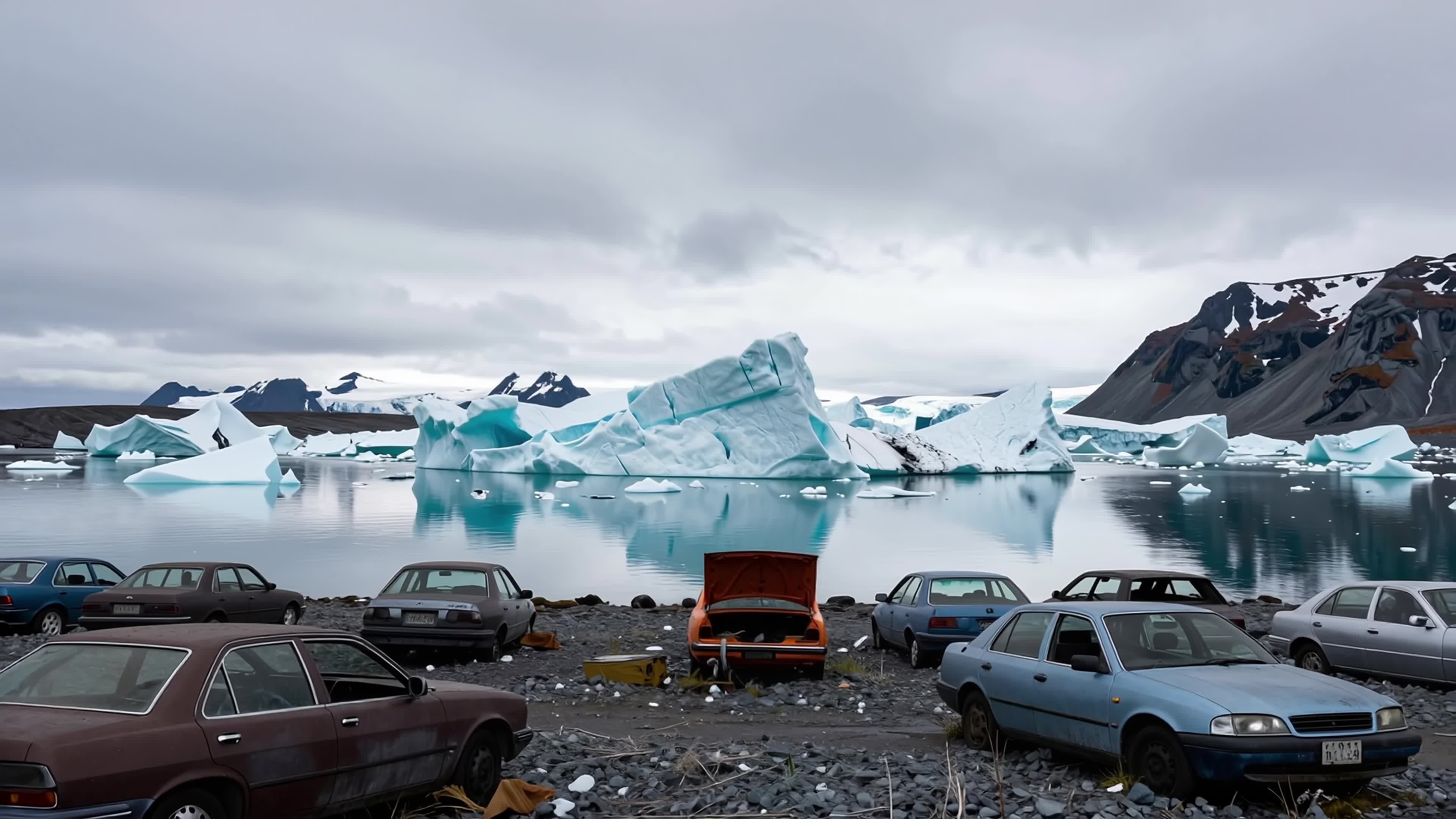 4K Video - Abandoned vehicles rust in silence beside an icy lagoon where glaciers melt.