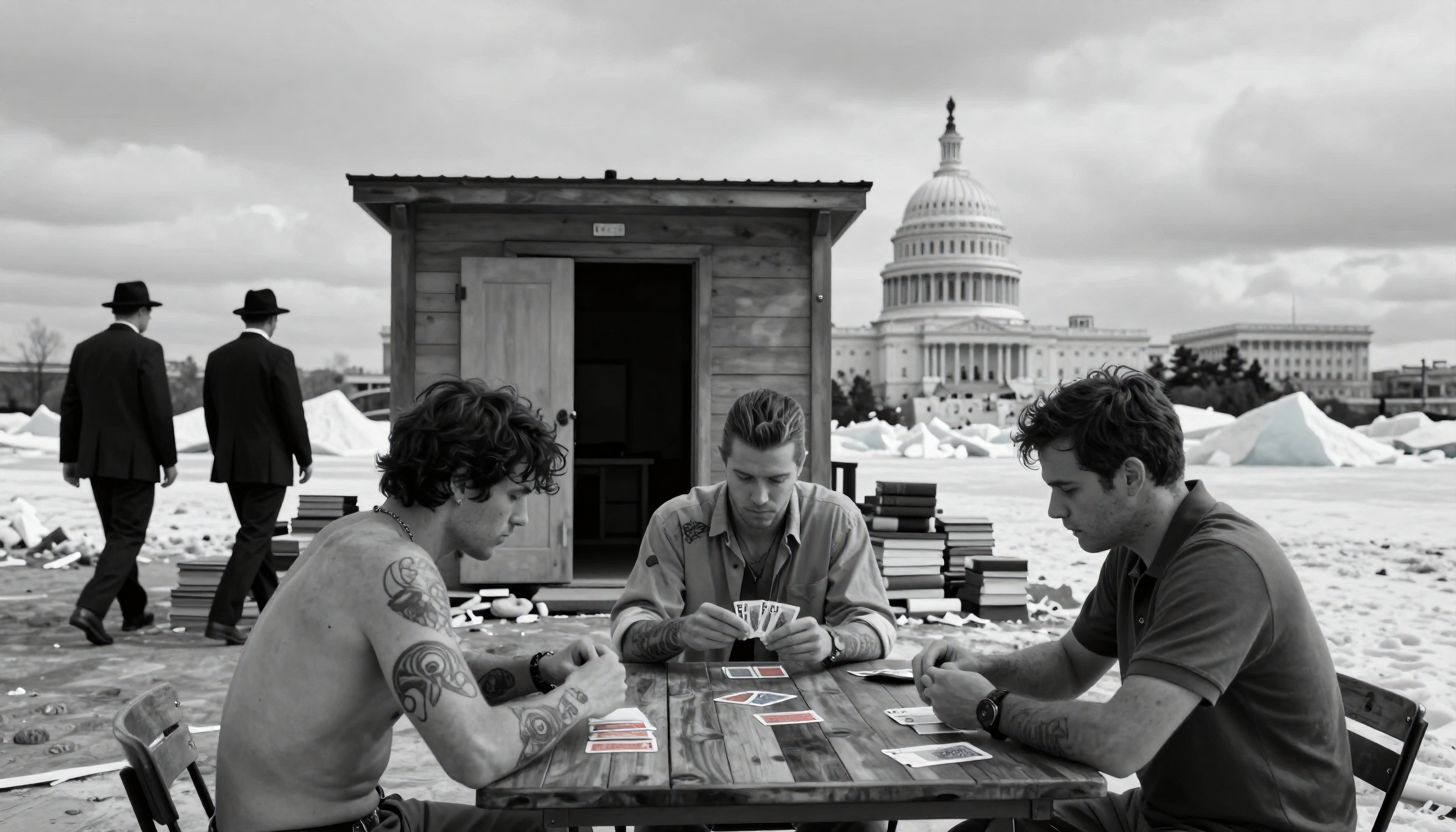 Men Playing Cards in Snowy Capitol Grounds
