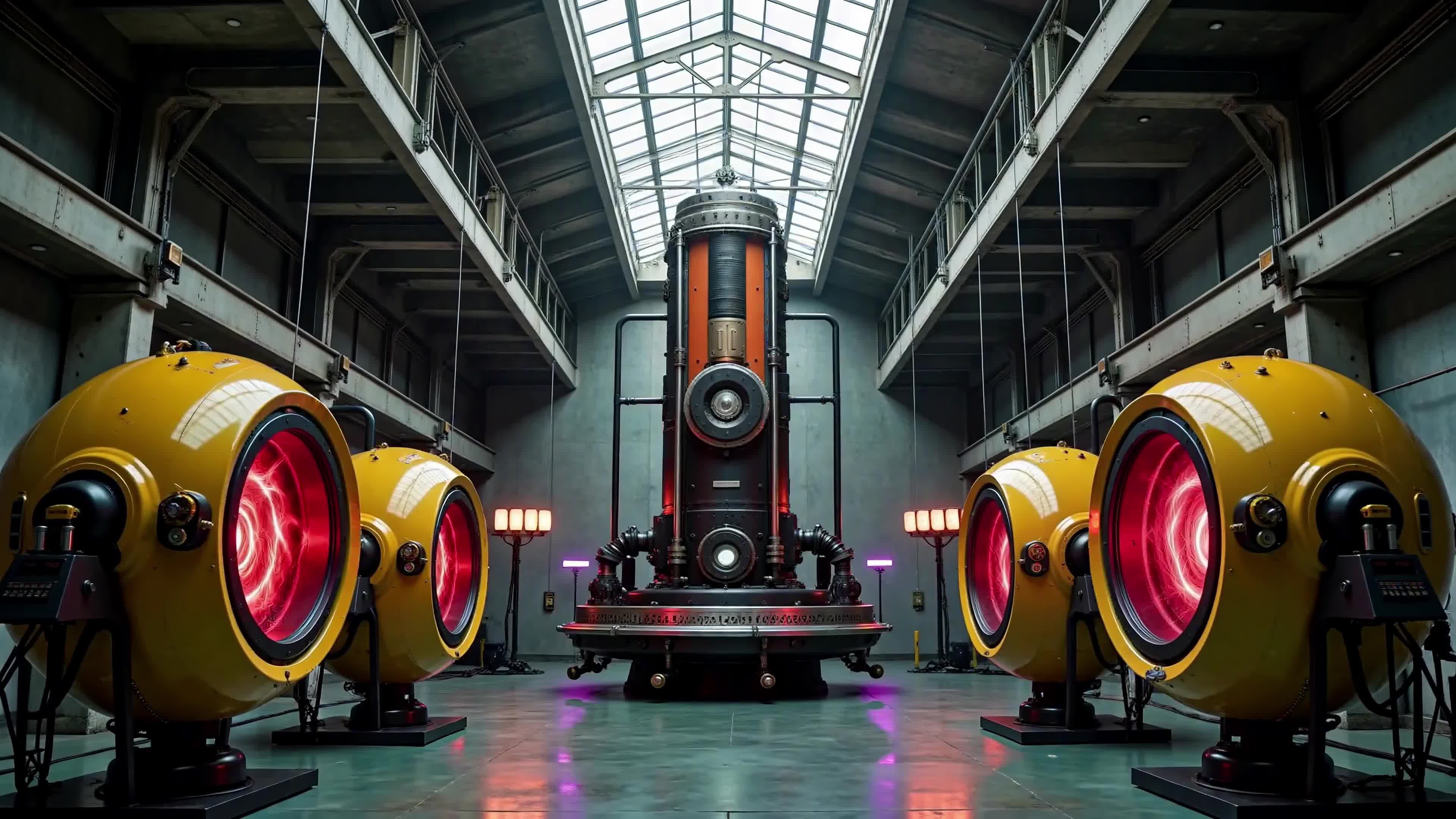 4K Video - Futuristic industrial chamber with glowing turbochargers and mysterious central reactor surrounded by swirling energy and ambient neon hues.