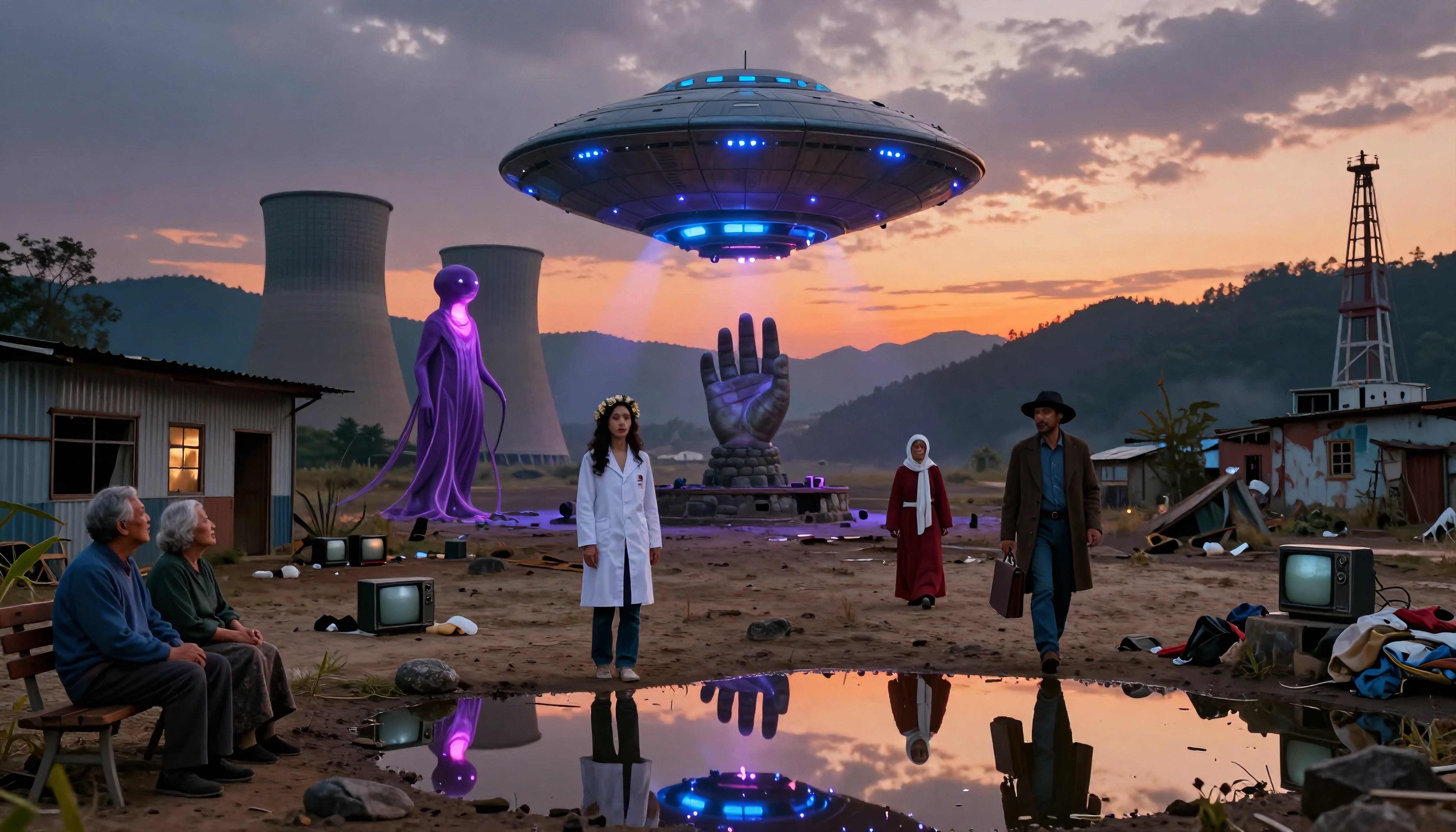 Sci-Fi Alien Encounter in Post-Apocalyptic Industrial Landscape