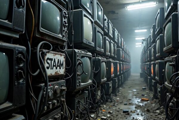 4K Video - Row after row of dusty old TVs glow ominously down dim-lit hallway filled with tech ruins.