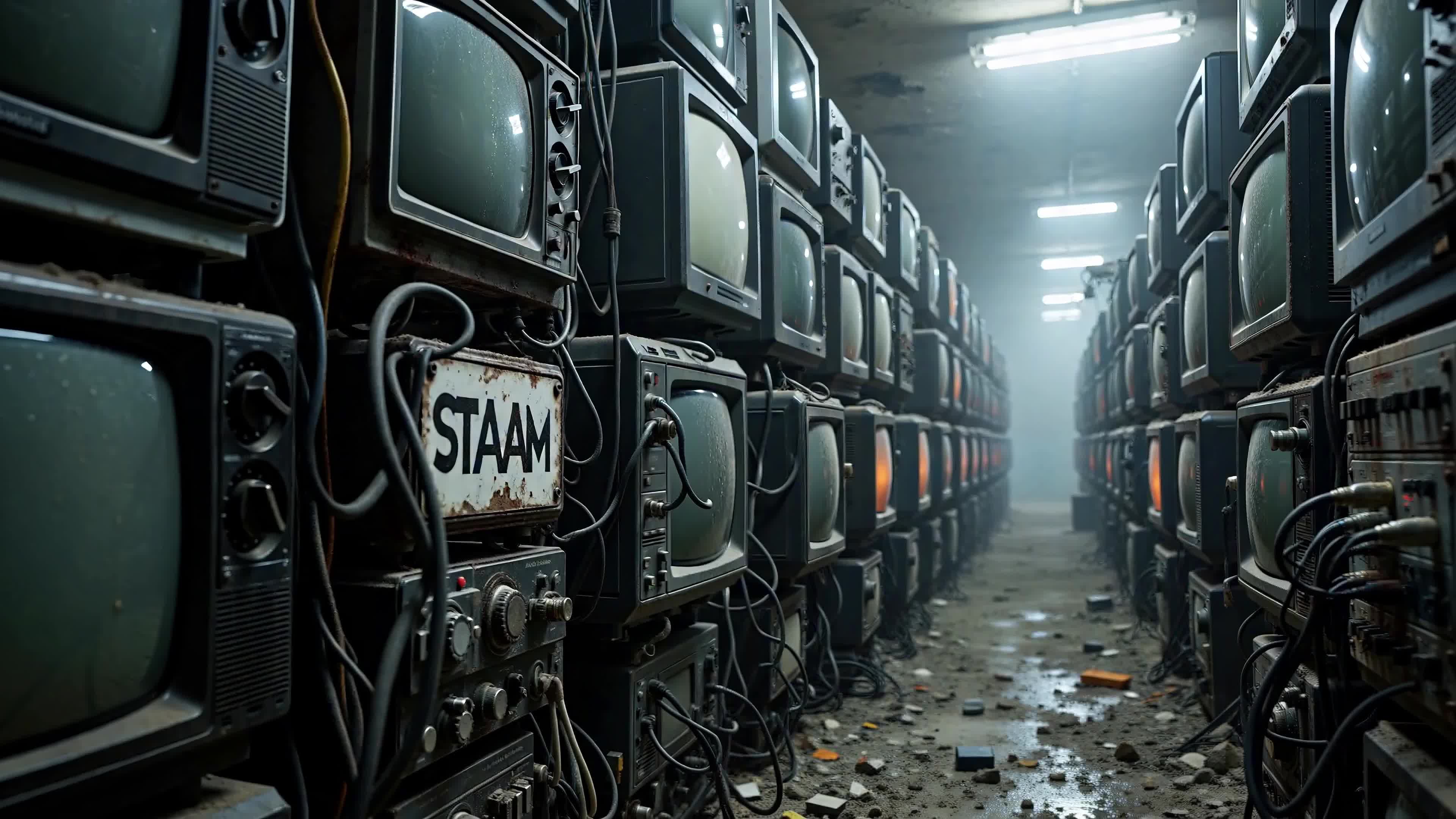 4K Video - Row after row of dusty old TVs glow ominously down dim-lit hallway filled with tech ruins.