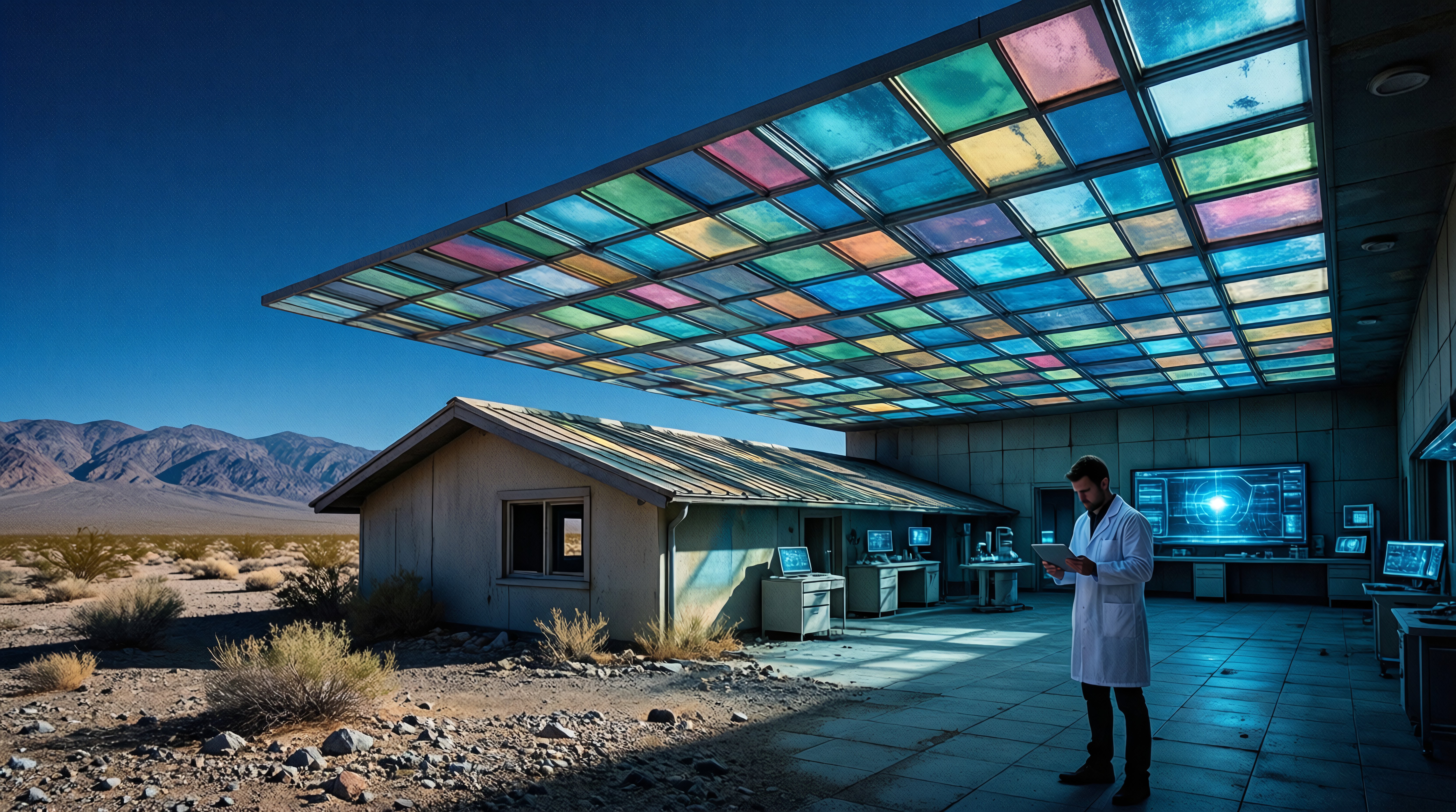 Futuristic Desert Lab with Colorful Glass Canopy