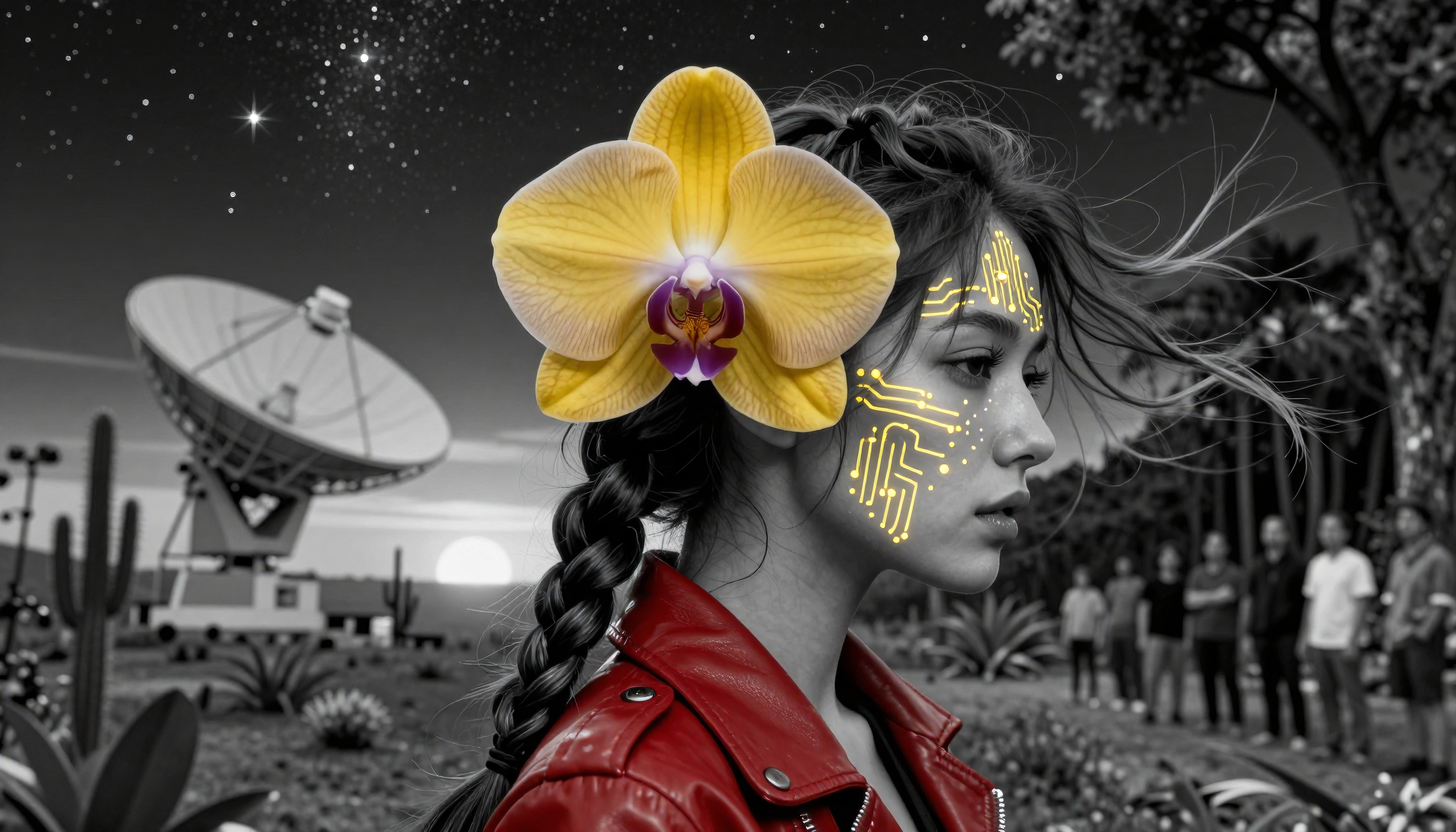 Cyberpunk Orchid Portrait with Satellite Dish and Circuitry Face Paint