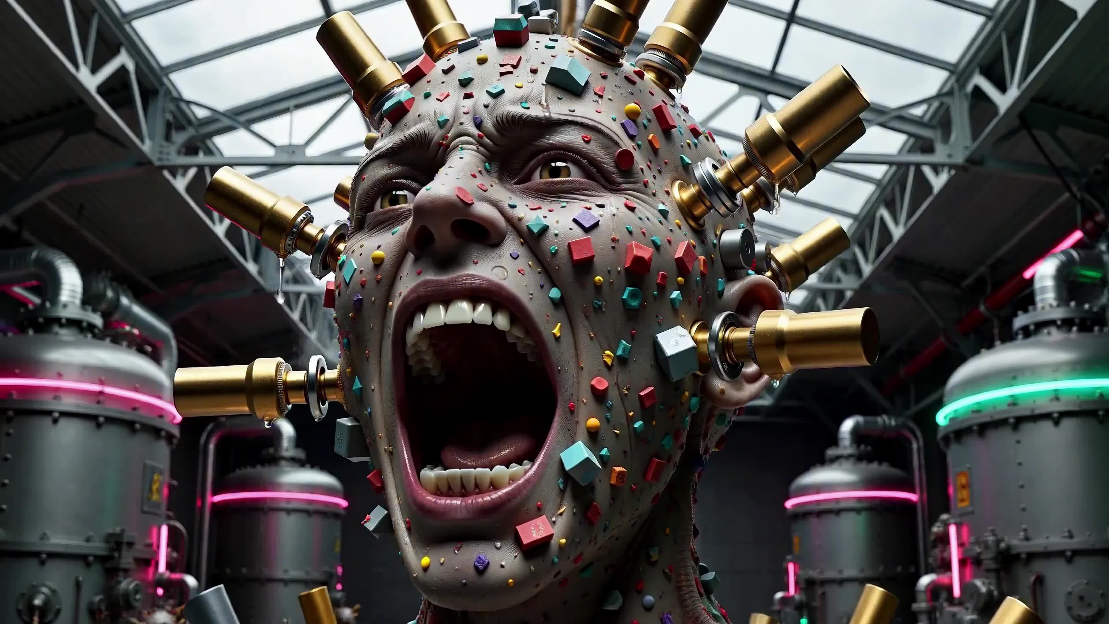 4K Video - Distorted screaming faces surrounded by exploding machinery and floating colored blocks in a futuristic industrial setting.