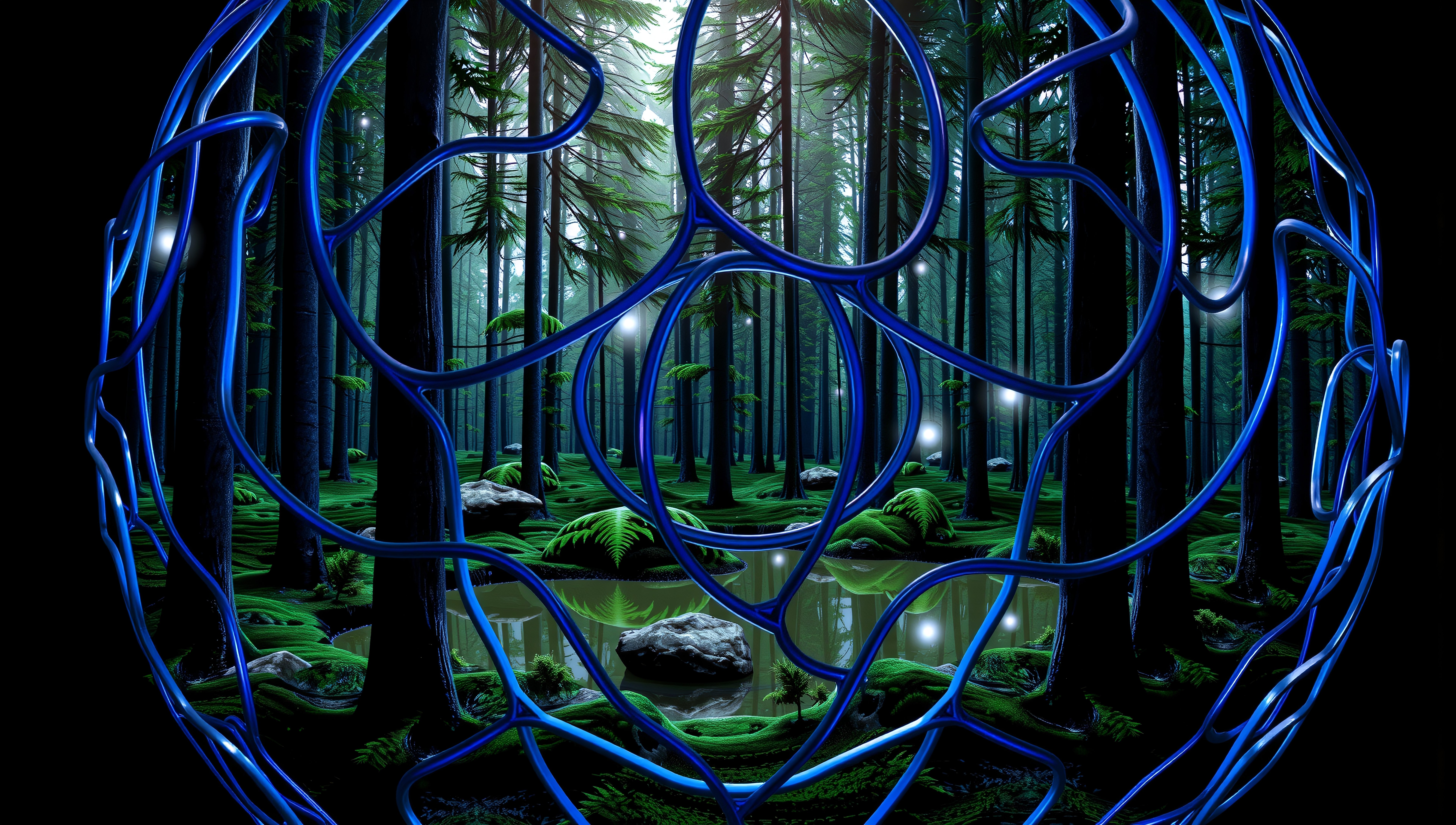 Mystical Forest Encased in Blue Neon Vines